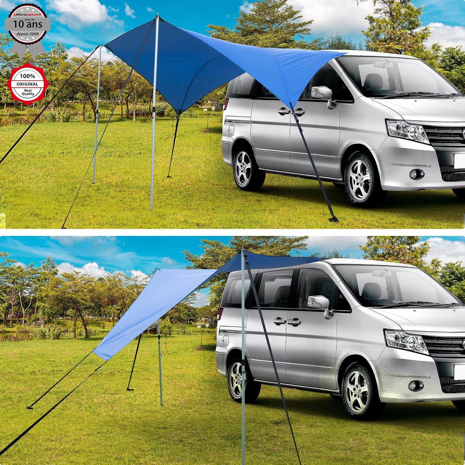 Detalle 2 de Ultrasport Auvent de voiture – protection solaire et pluie pour voiture, fourgon et camping-car (bleu)