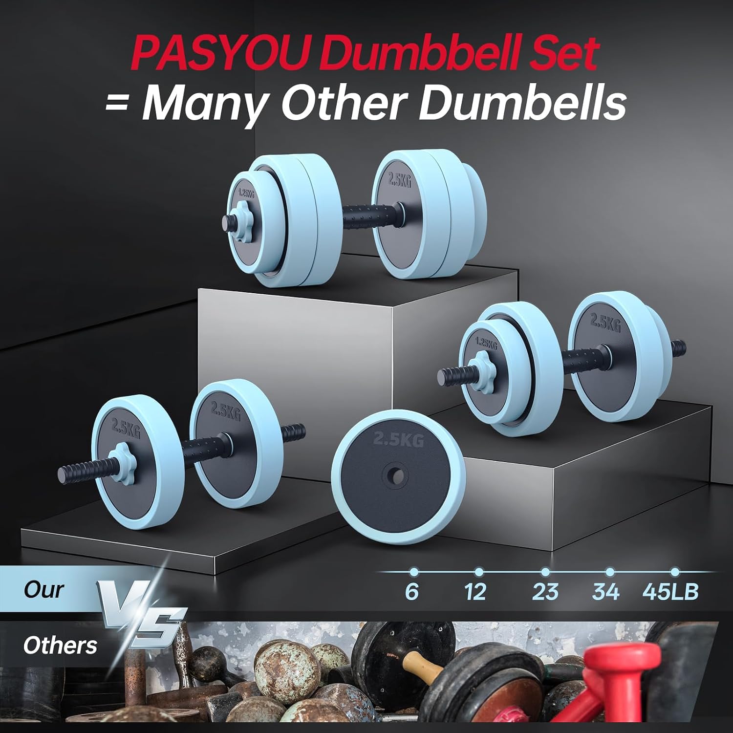 Detalle de PASYOU Adjustable Dumbbell Set, 4-in-1 Home Gym Weights, Adjustable 2.5–12.5 kg