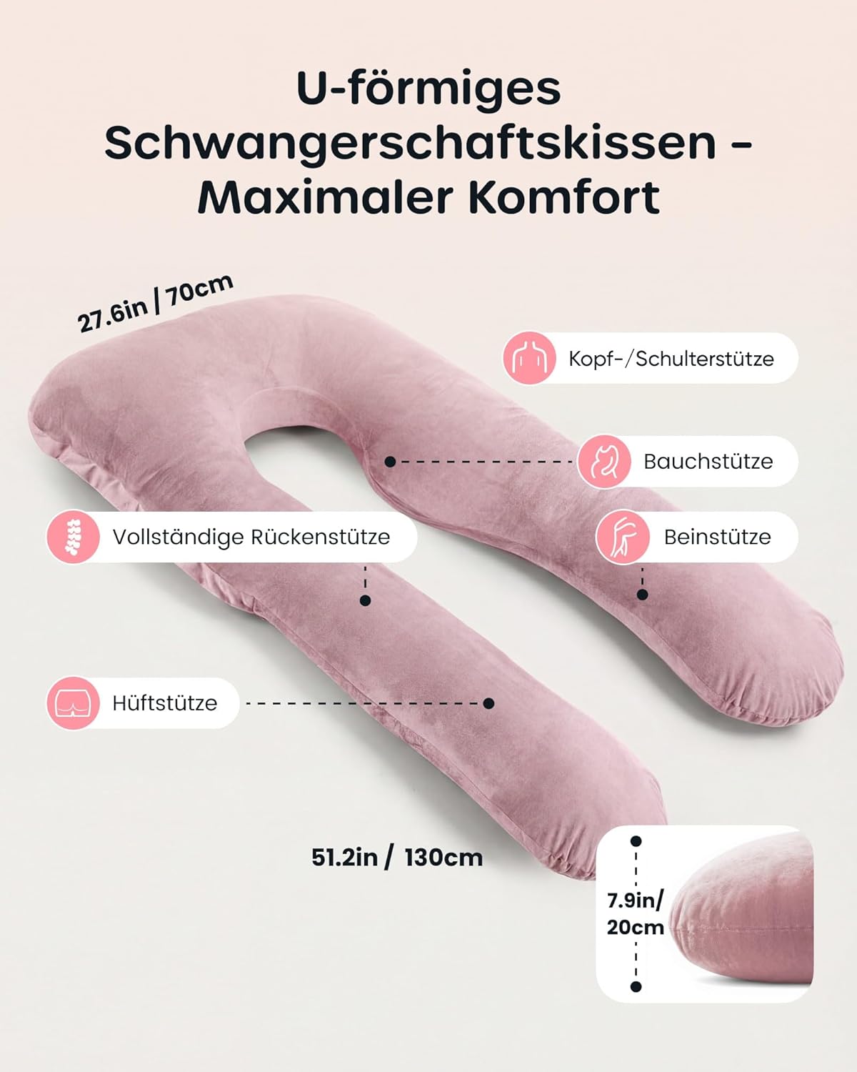 Detalle de Nuliie Schwangerschaftskissen U‑Form Altrosa – ganzheitliche Unterstützung für Schwangerschaft und Seitenschläferkomfort