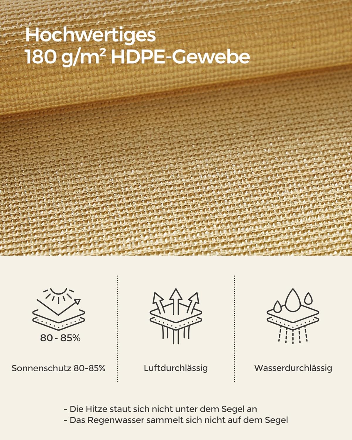 Thumbnail 2 de SONGMICS Sonnensegel 3 x 5 m aus HDPE – UV-Schutz, atmungsaktiv, Sandgelb (GSS35EYV1)