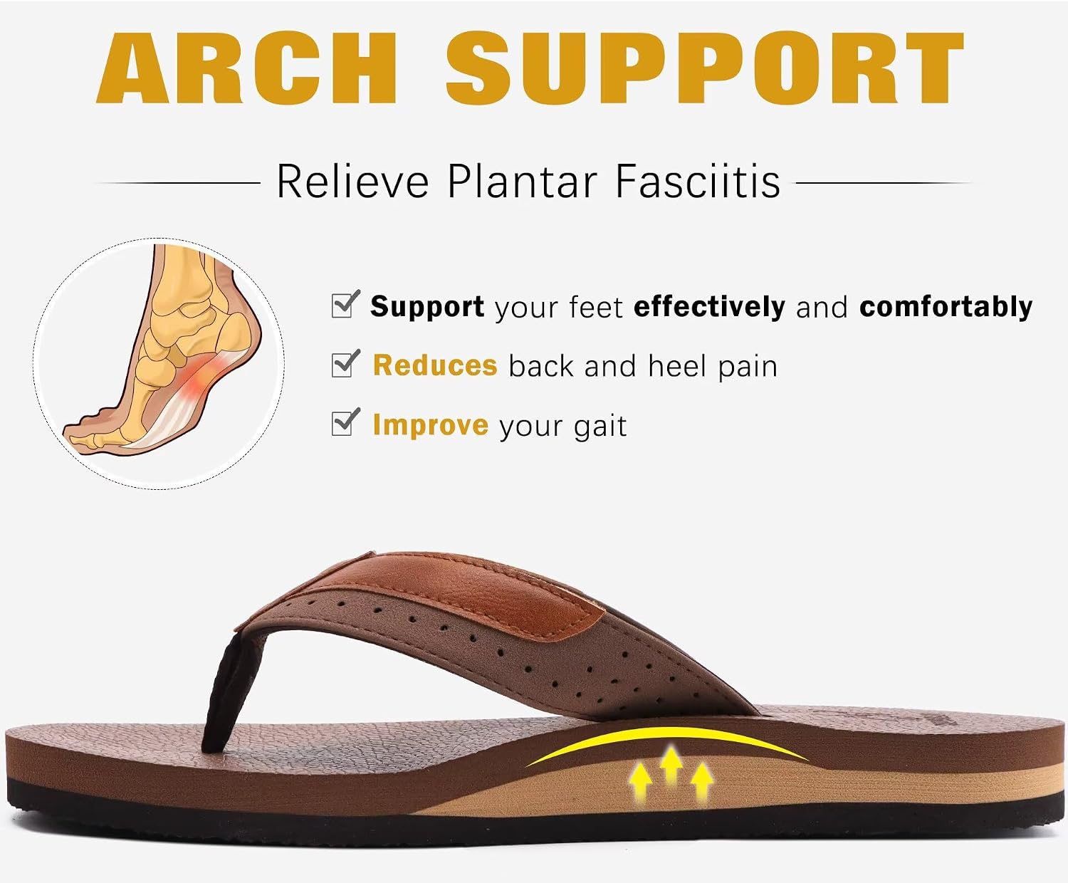 Detalle 2 de KuaiLu men’s flip flops with arch support, faux leather straps and cushioned yoga-foam footbed