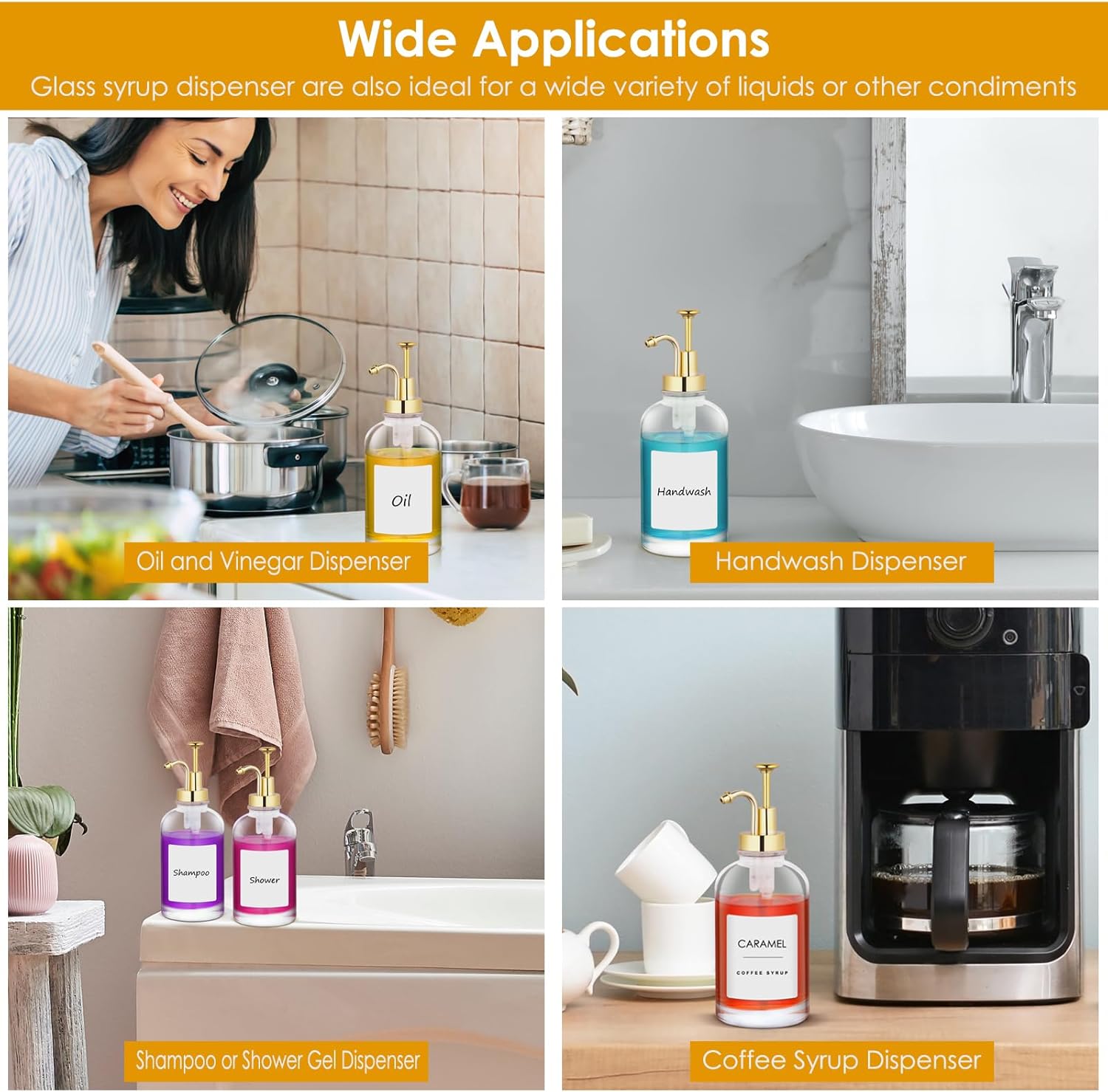 Thumbnail 6 de Coffee Syrup Dispenser Set with Gold Pumps (2 x 16.9 oz) – Glass Bottles, Funnels & Labels