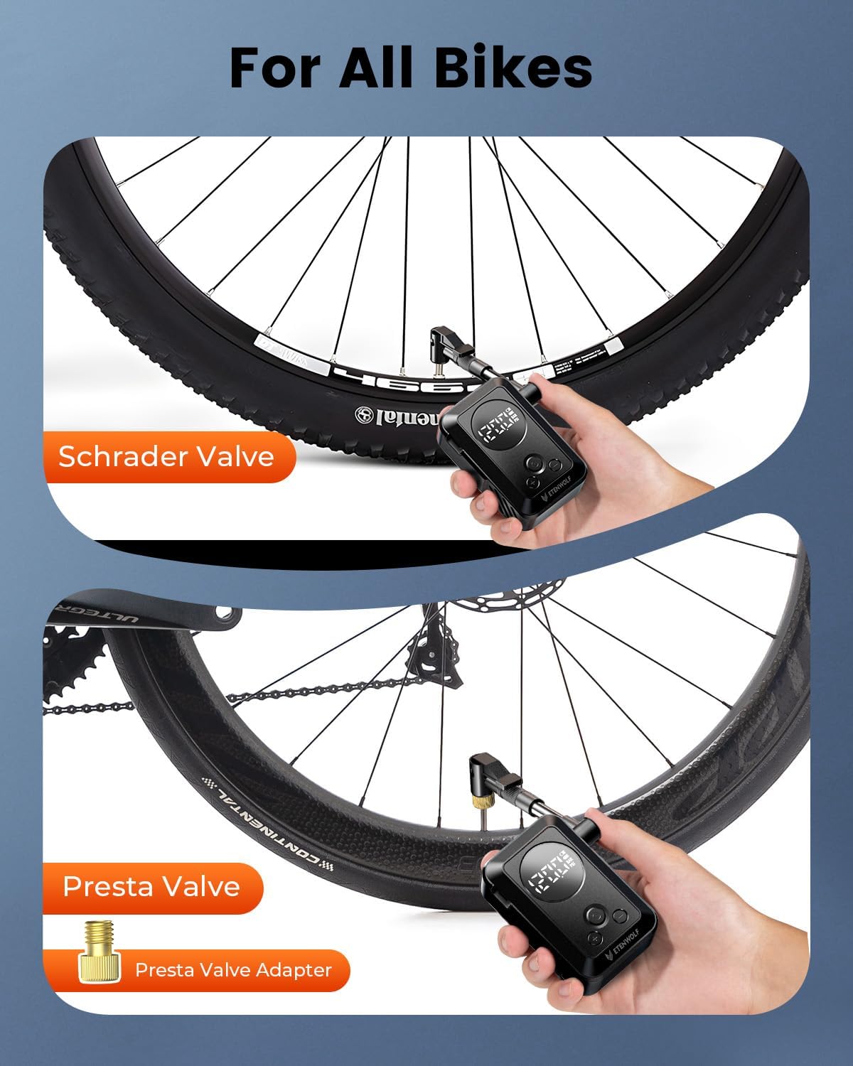 Detalle de ETENWOLF Mini Electric Bike Pump with Gauge — 10.34 BAR, Presta & Schrader Compatible