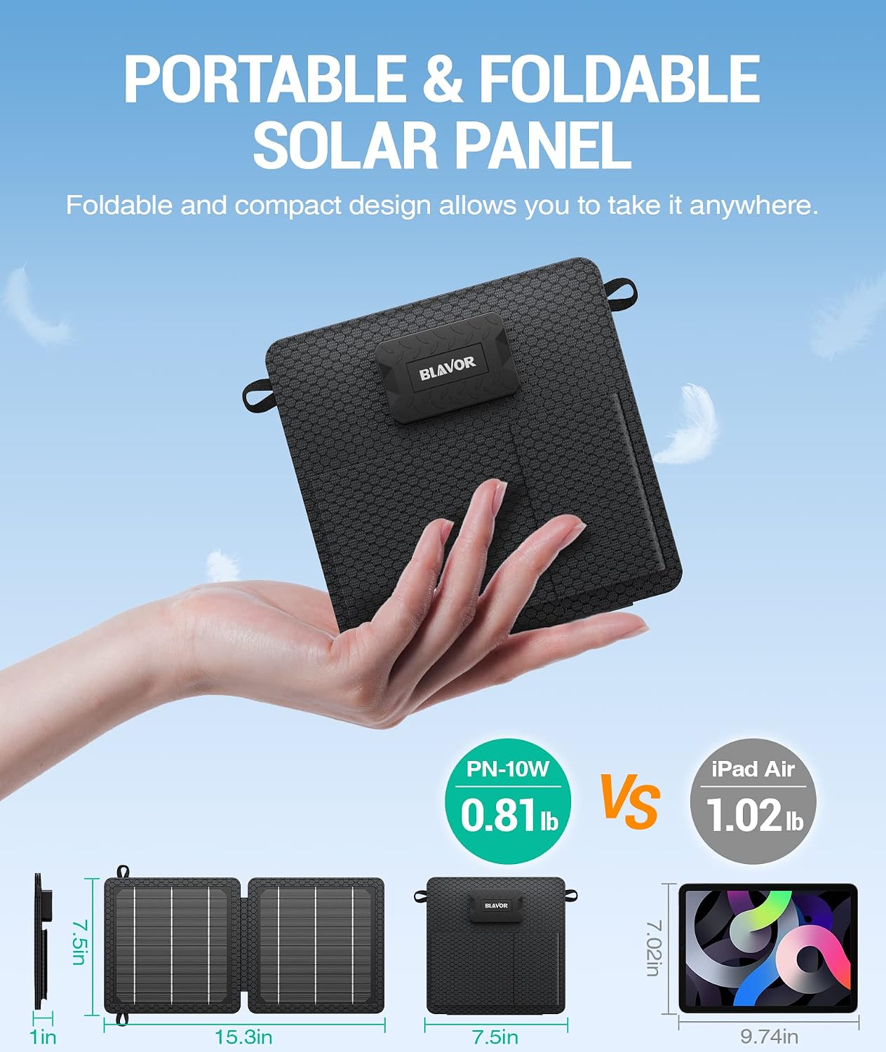 Thumbnail 1 de BLAVOR 10W Portable Solar Charger, Foldable Panel with USB-C and USB-A