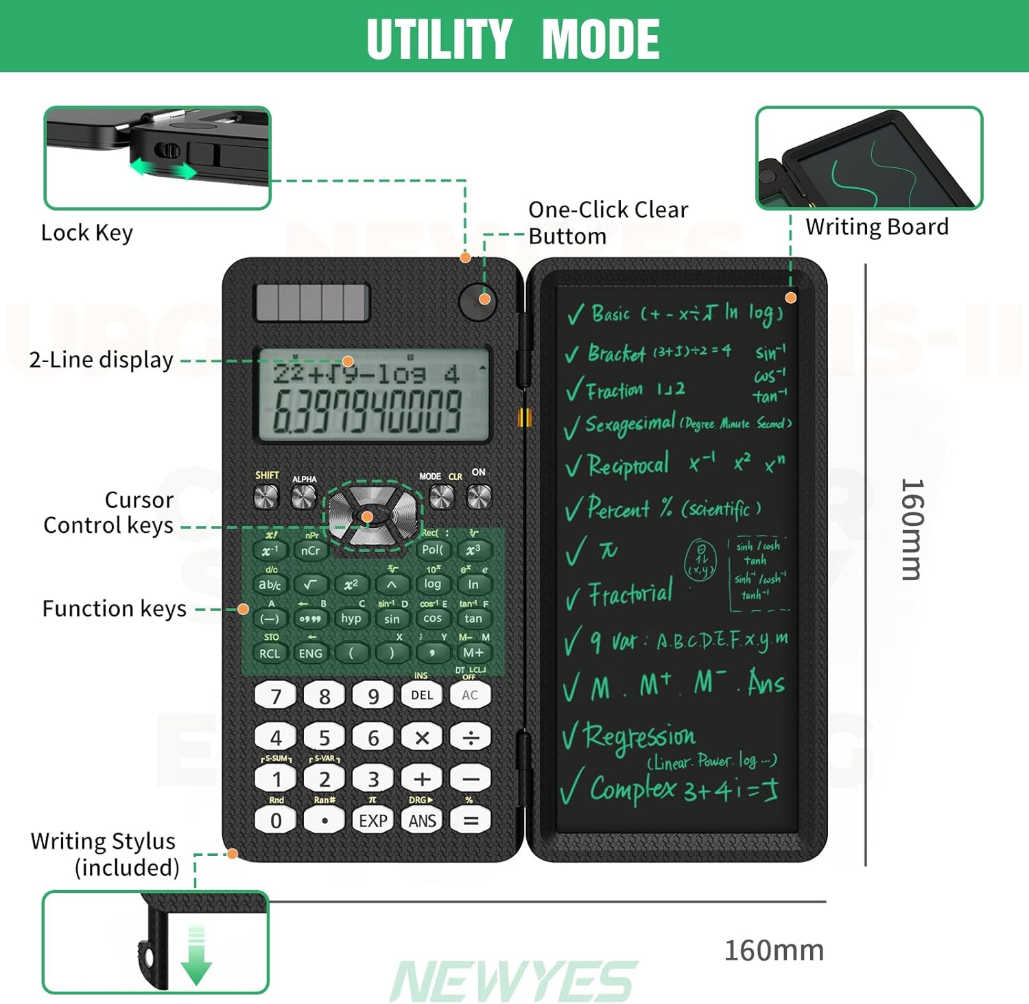 Thumbnail 2 de NEWYES 82MS PLUS Edition: Practical 240‑function Scientific Calculator with Writing Tablet (2-Line Display) for Secondary School