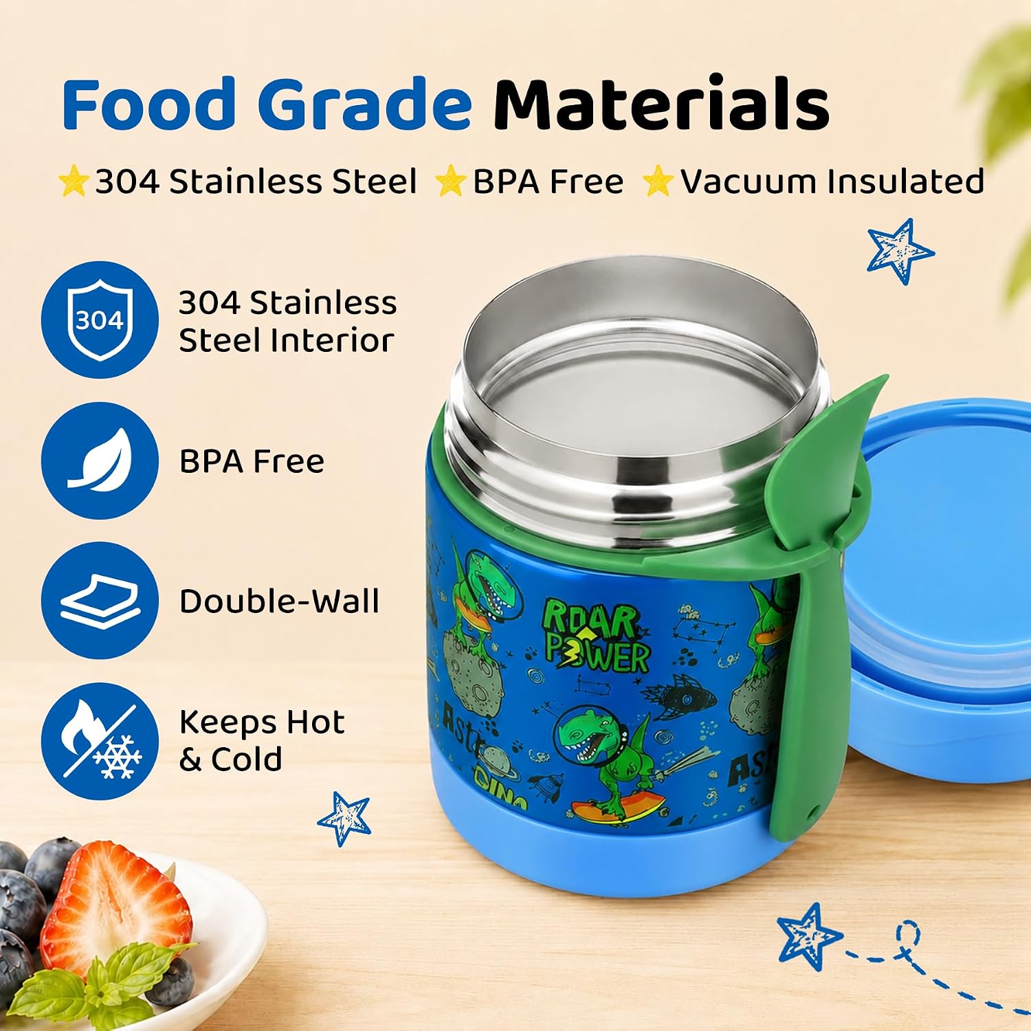 Detalle de Blue-dinosaur 10oz Insulated Food Jar for Kids 🍱