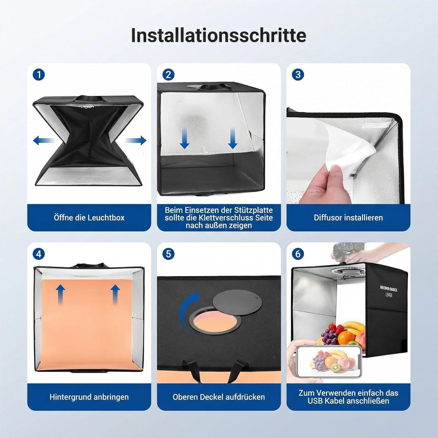 Thumbnail 5 de NEEWER BASICS Fotobox LB40B (40 x 40 cm) – zweifarbiges Lightzelt mit 6 Hintergründen, 120 dimmbare LEDs