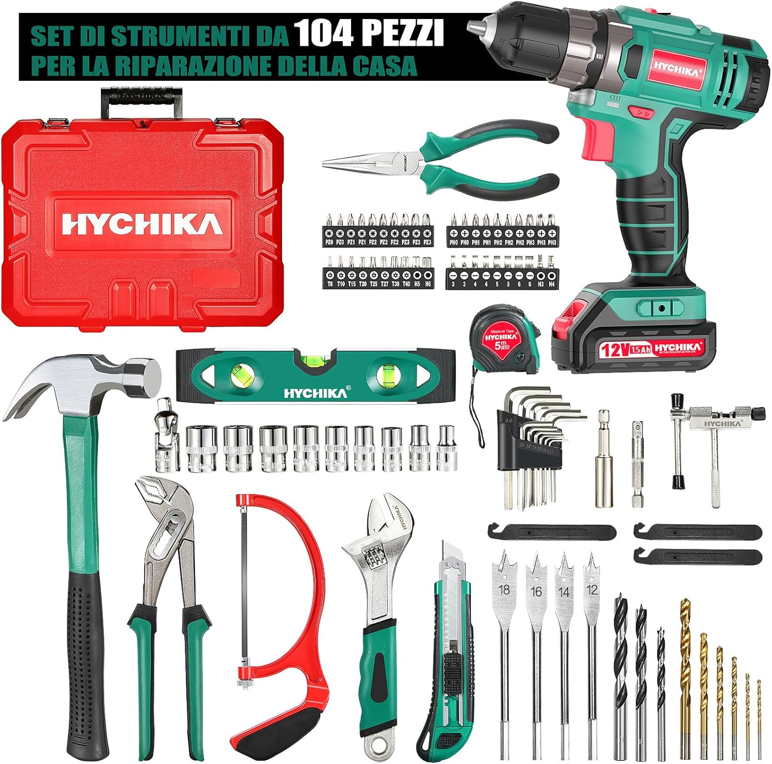Thumbnail 6 de HYCHIKA Trapano Avvitatore a Batteria 12V con Kit 104 pezzi – Attrezzi fai da te