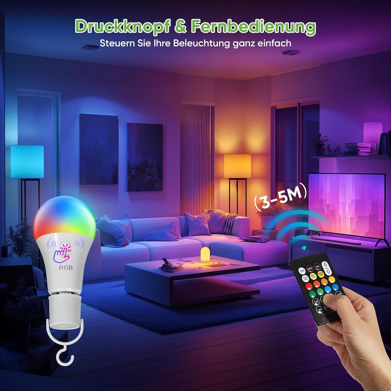 Detalle de Kimjo RGB LED-Lampe E27 (4er Set) mit Fernbedienung, Akku, Timer und 7W dimmbar