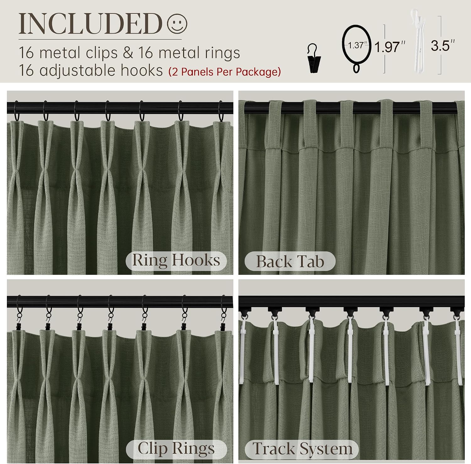 Detalle de COMON HOME Sage Green Pinch Pleated Linen Curtain (102 Inches) with Rings, Hooks, Clips, Back Tab – Light Filtering, Boho Farmhouse Style