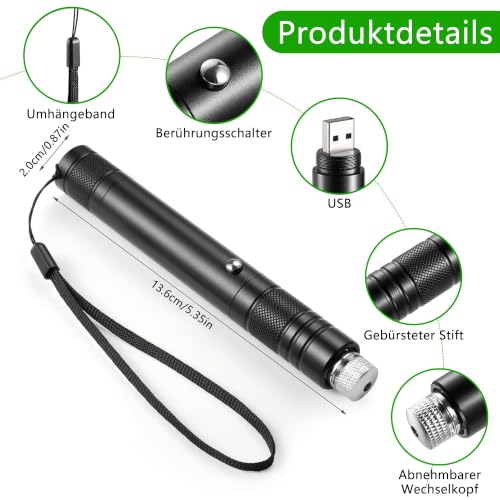 Thumbnail 1 de Wood Homing Torcia a LED con luce verde: potente puntatore verde ricaricabile e cappucci intercambiabili