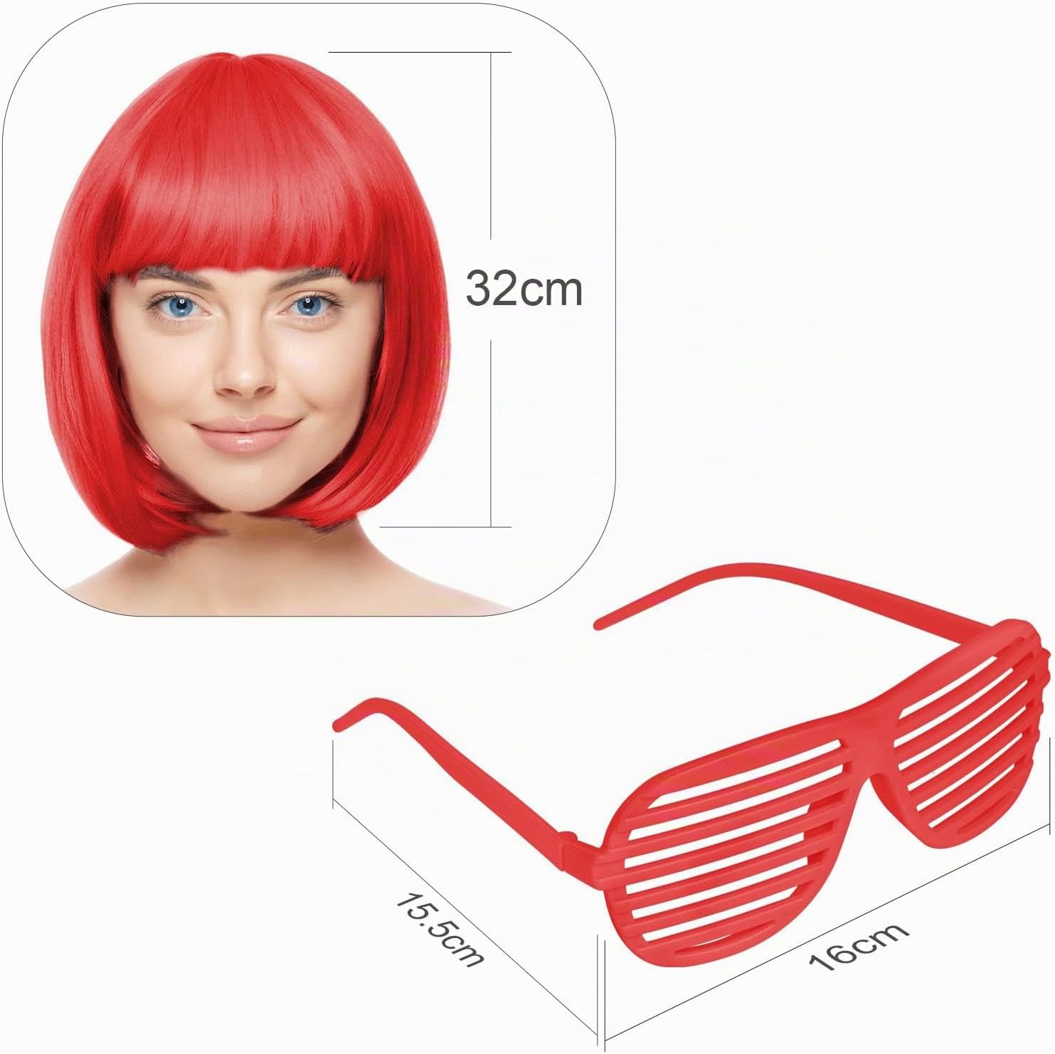 Detalle de AOMIG Partyrama bobpruik van 28 cm, rood, met pony, bril en pruikkappen