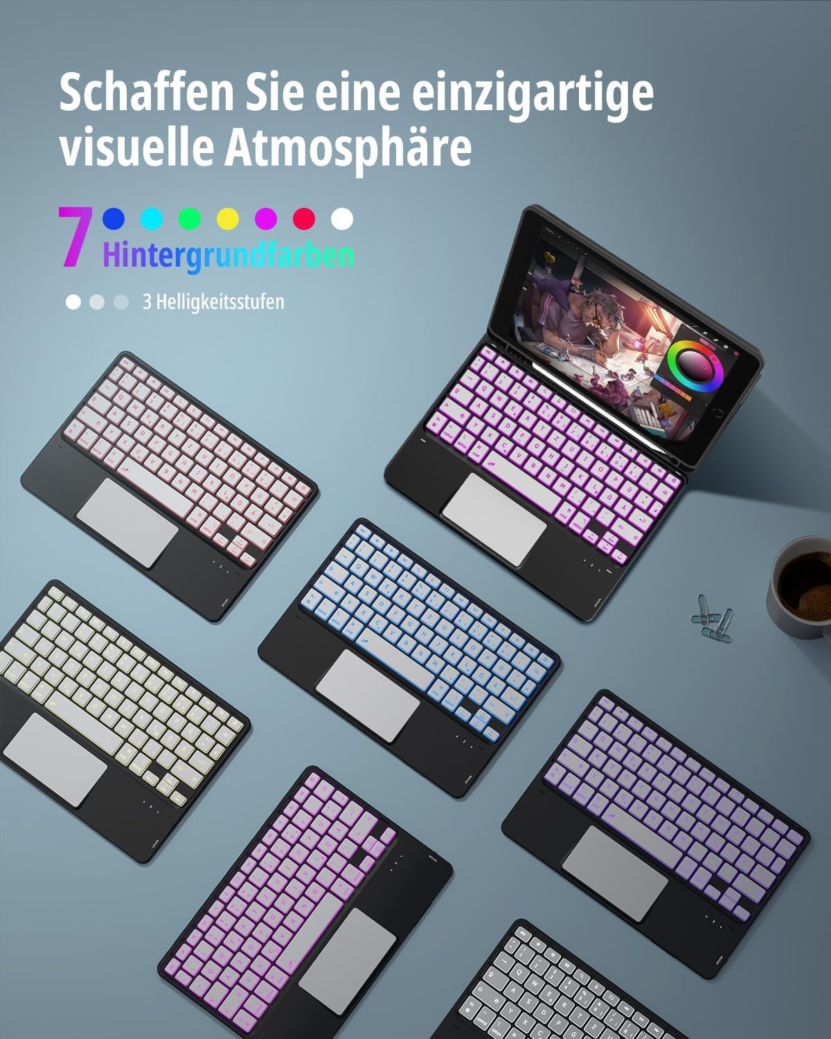 Thumbnail 3 de CACOE Hülle Tastatur für iPad 9. Generation – 10,2 Zoll mit Touchpad, kabellos, abnehmbar, 7-Farbige Beleuchtung