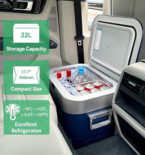 Detalle de BINGI 22 Litre 12V Compressor Fridge – Portable Car Refrigerator Freezer (-18°C to 15°C) Blue