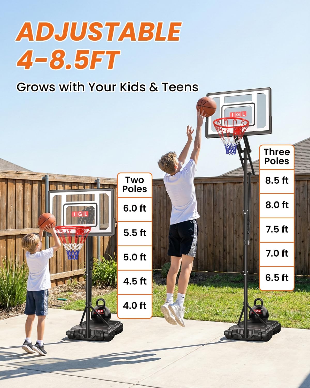 Detalle 2 de IGL Kids Basketball Hoop Outdoor: Adjustable 4–8.5 ft, 33" Backboard, Portable with Wheels