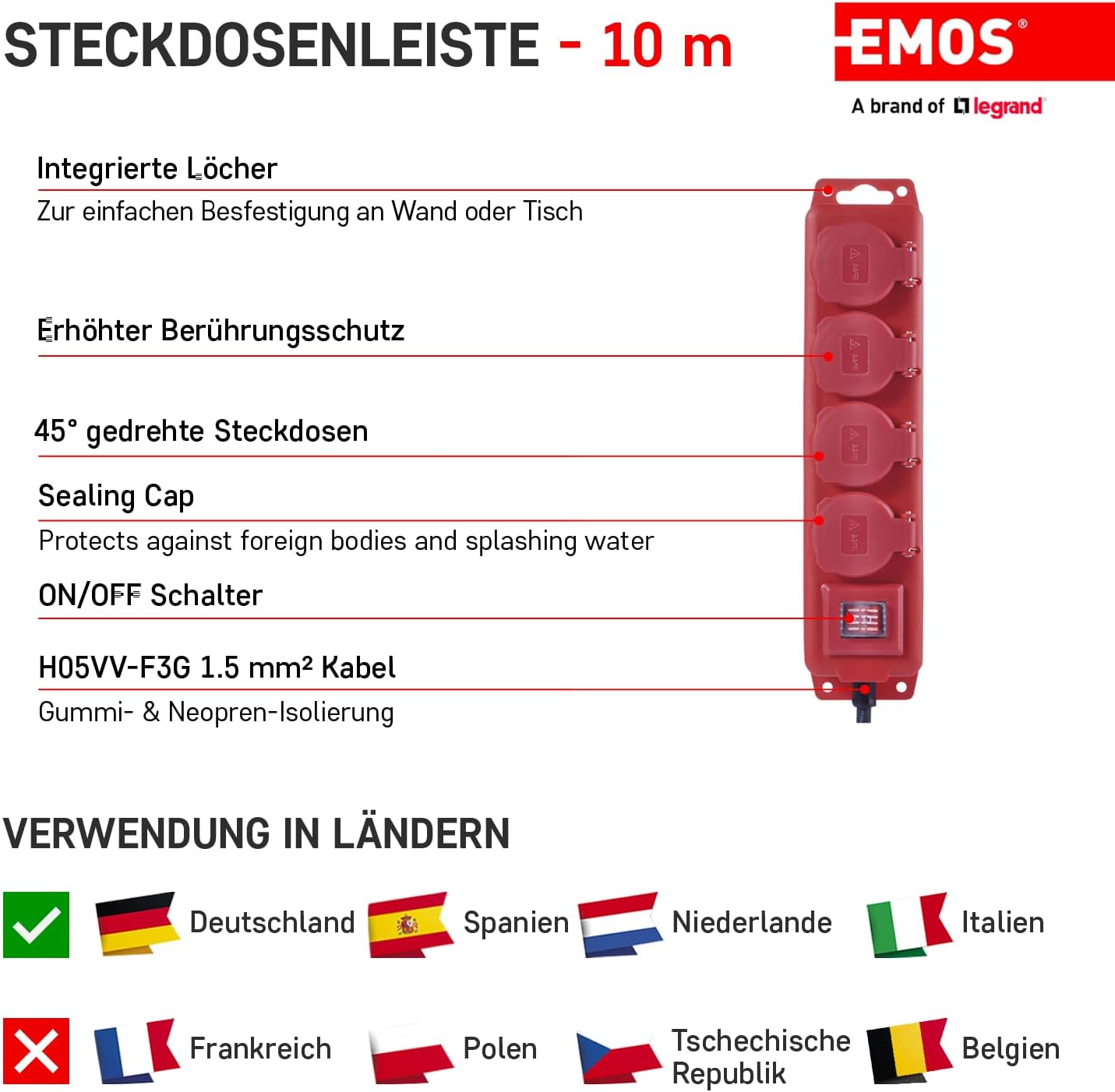 Thumbnail 2 de EMOS 4-fach Steckdosenleiste 10 m mit Schalter, IP44 für Außenbereich – 4 Schuko, 250 V/16 A (3680 W)
