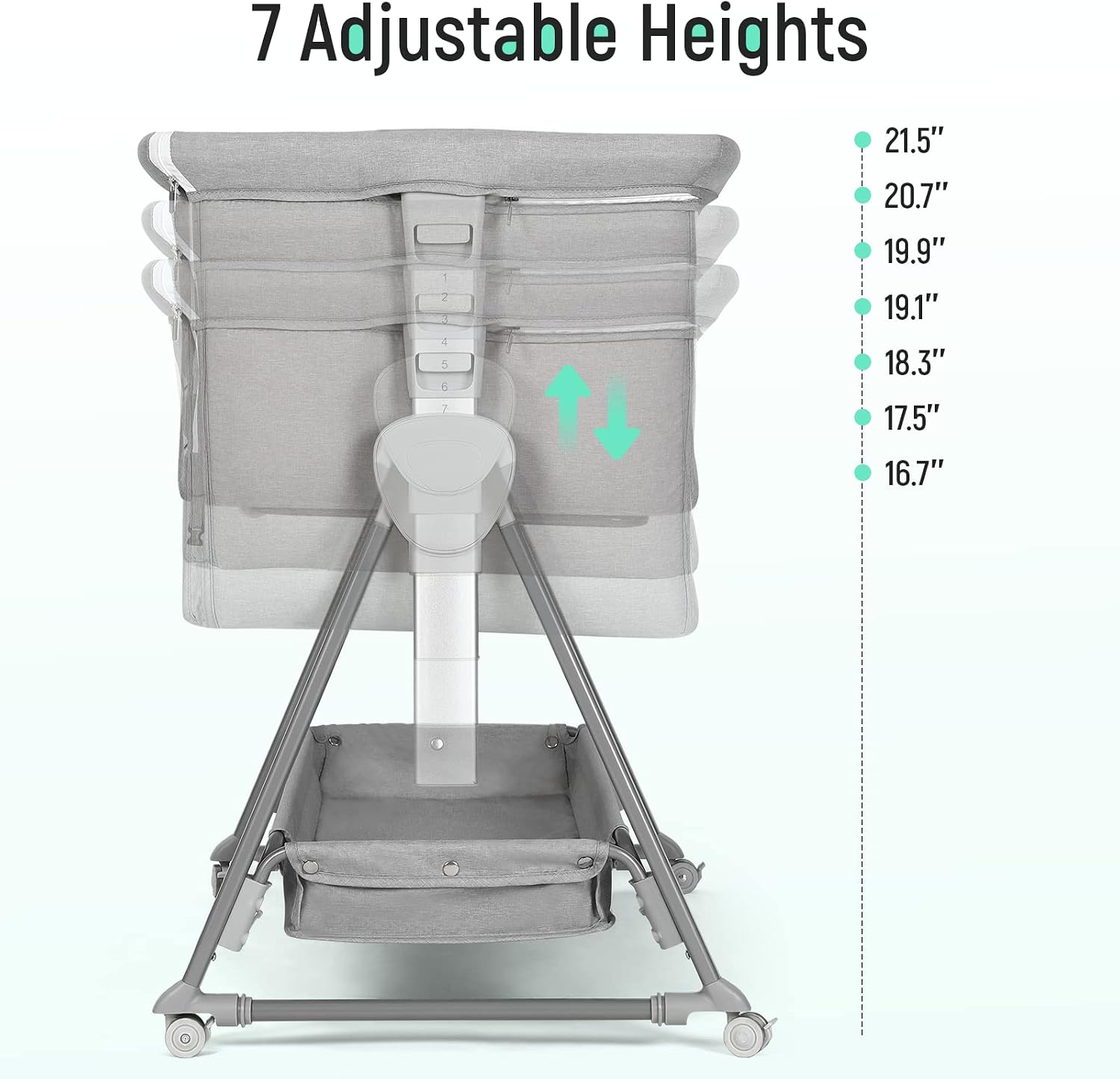 Detalle de Cowiewie P-800L Bedside Bassinet with 7 Height Settings, Mesh Sides and Storage