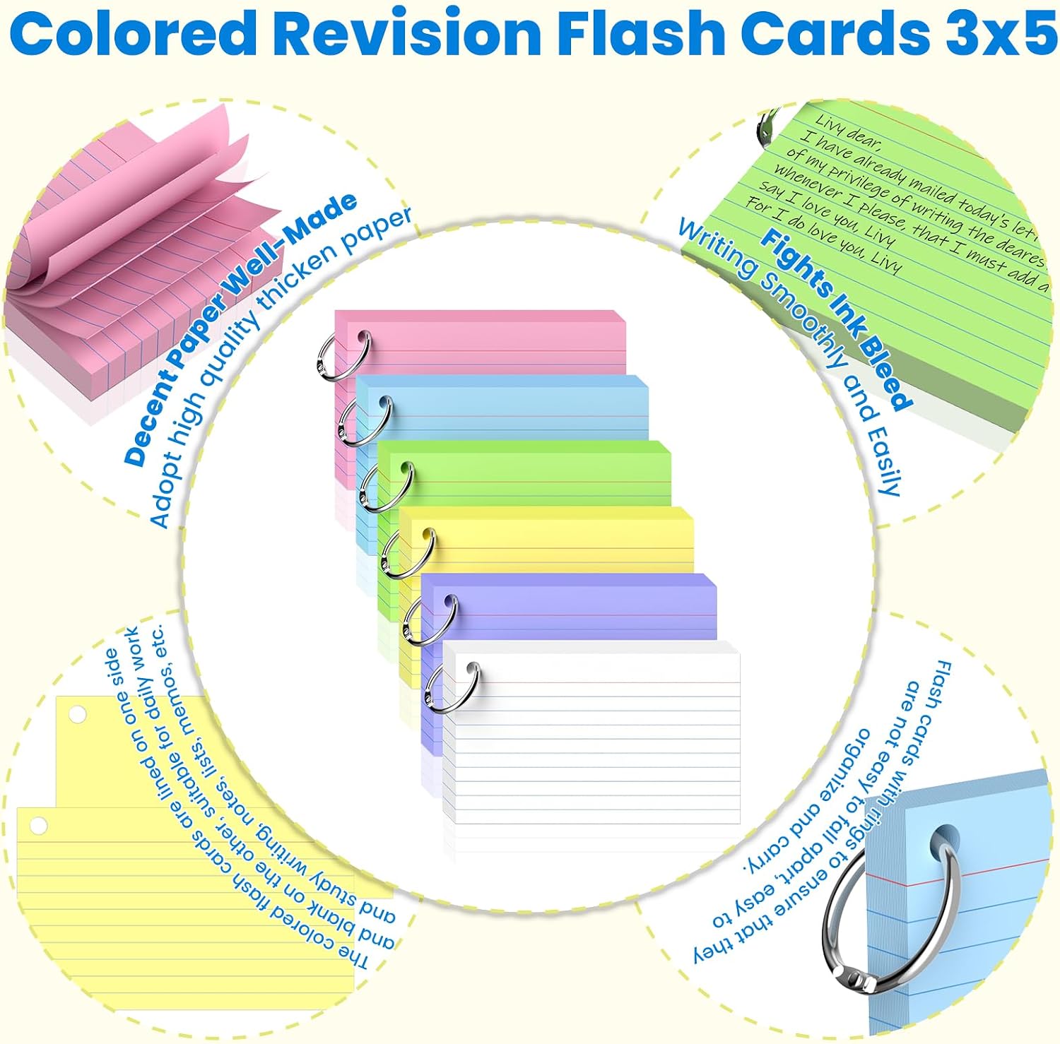 Detalle de Flash Cards 3x5 (7.62x12.7cm) – 600 Colour‑Lined Index Cards with Binder Rings