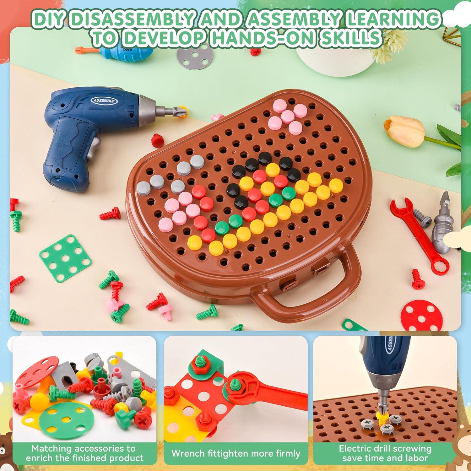 Thumbnail 5 de DAOUZL Giocattoli Montessori: Scatola Giocattolo con Trapano Elettrico e Kit Attrezzi per Bambini 3–12 Anni