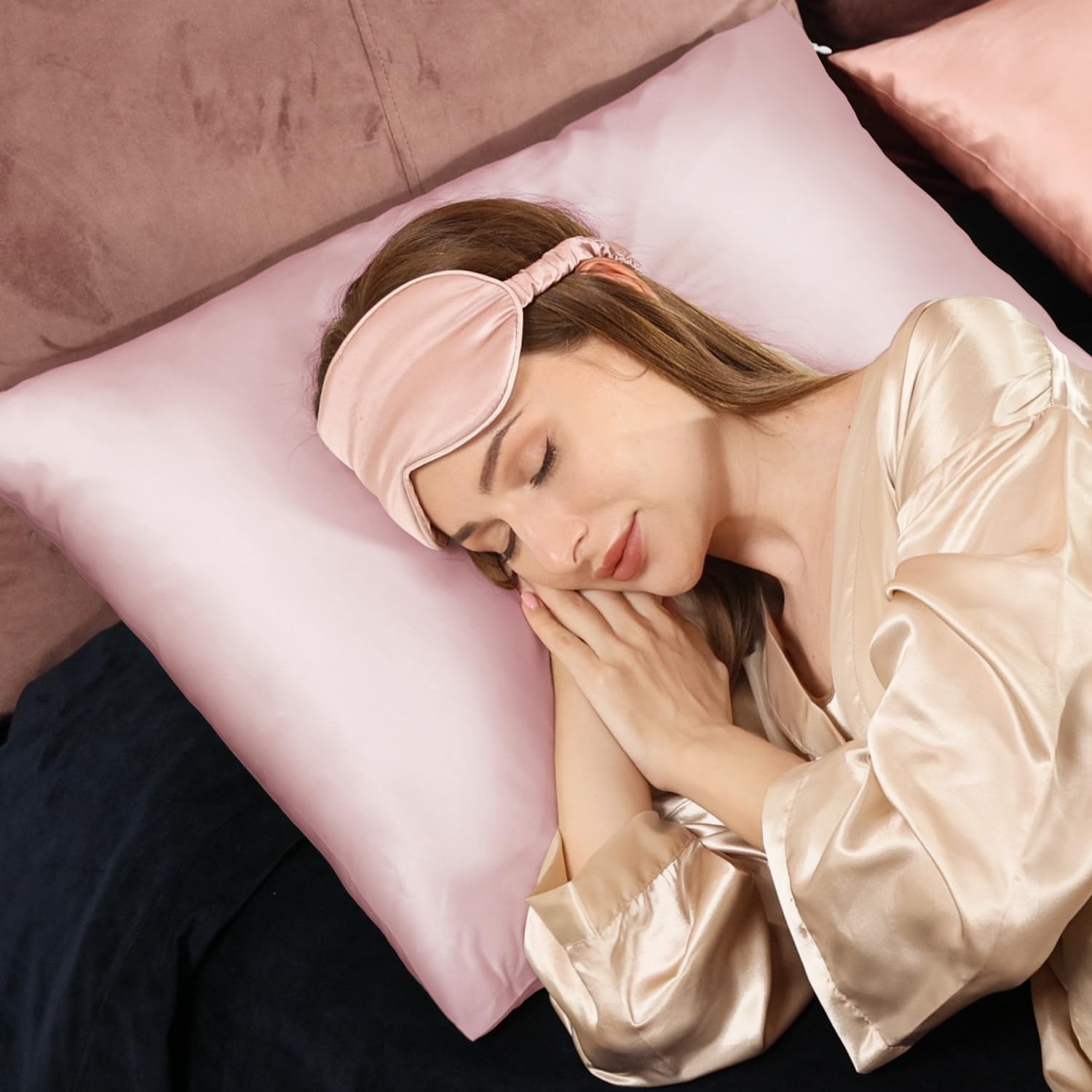 Detalle 2 de Adubor 100% Seidenkissenbezug (23 Momme, 40x80 cm) mit verstecktem Reißverschluss, Rosa – 1 Stück
