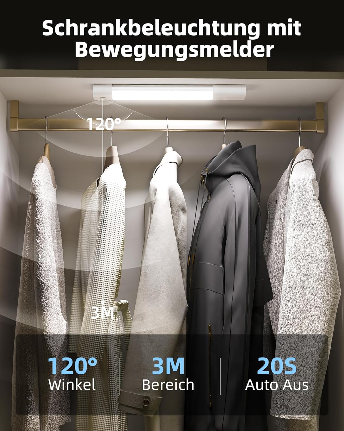 Detalle 2 de EZVALO Schrankbeleuchtung 30 cm – 50 LEDs, Bewegungsmelder, 3 Farbtemperaturen, wiederaufladbar (3er-Pack)