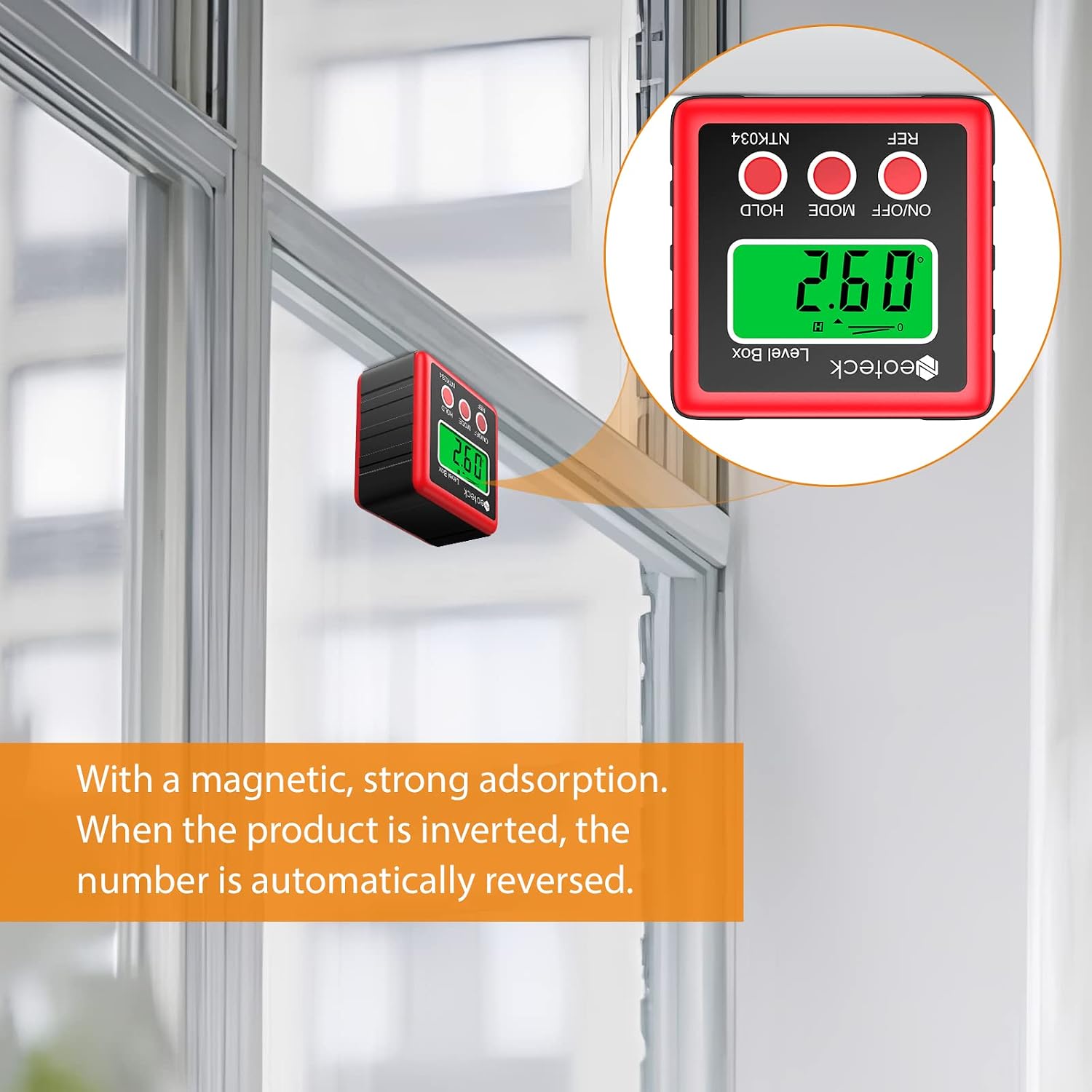 Detalle de Neoteck NTK034-V Digital Inclinometer, IP54, Backlit LCD and Magnetic Base