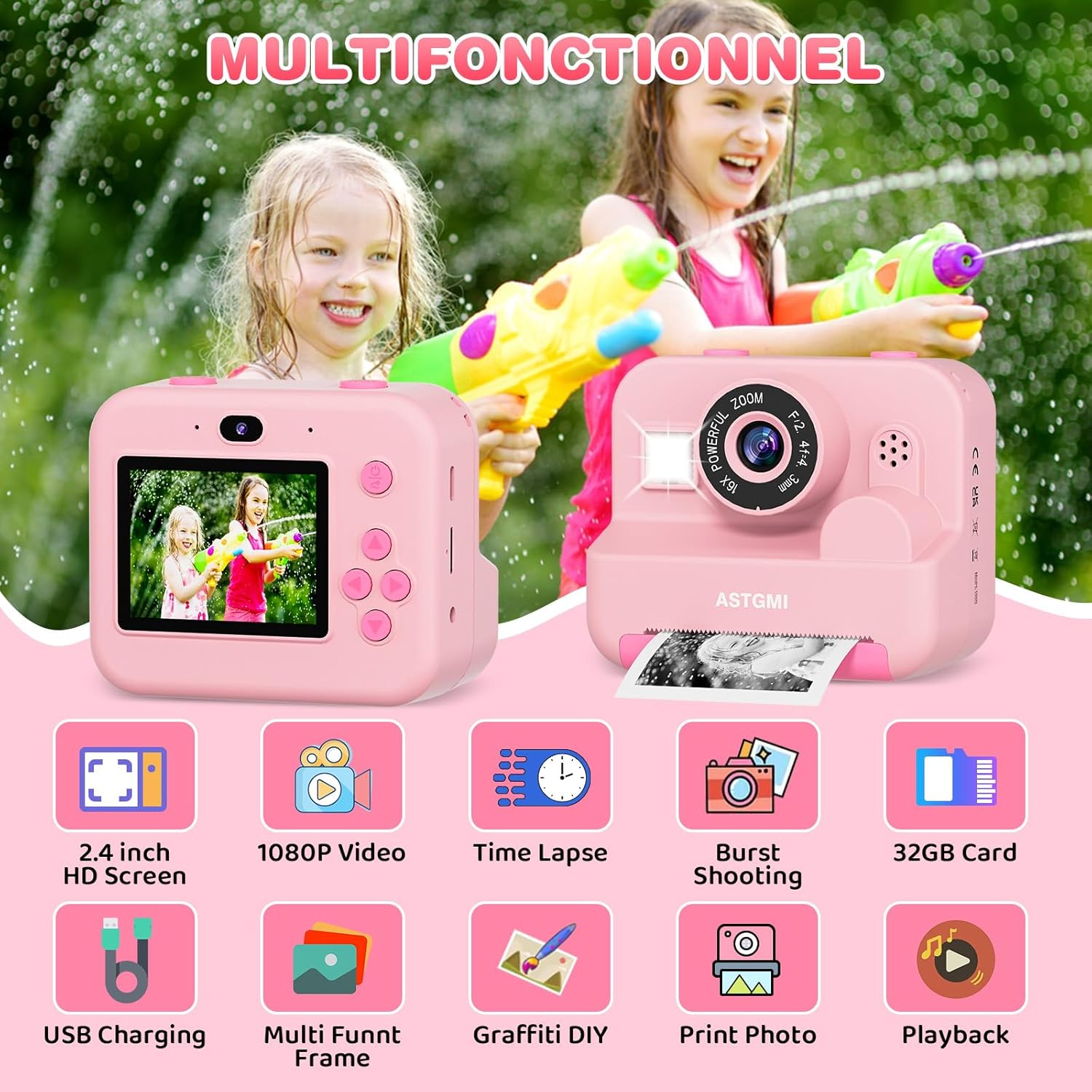Detalle 2 de Macchina fotografica istantanea per bambini 1080p 2,4" rosa
