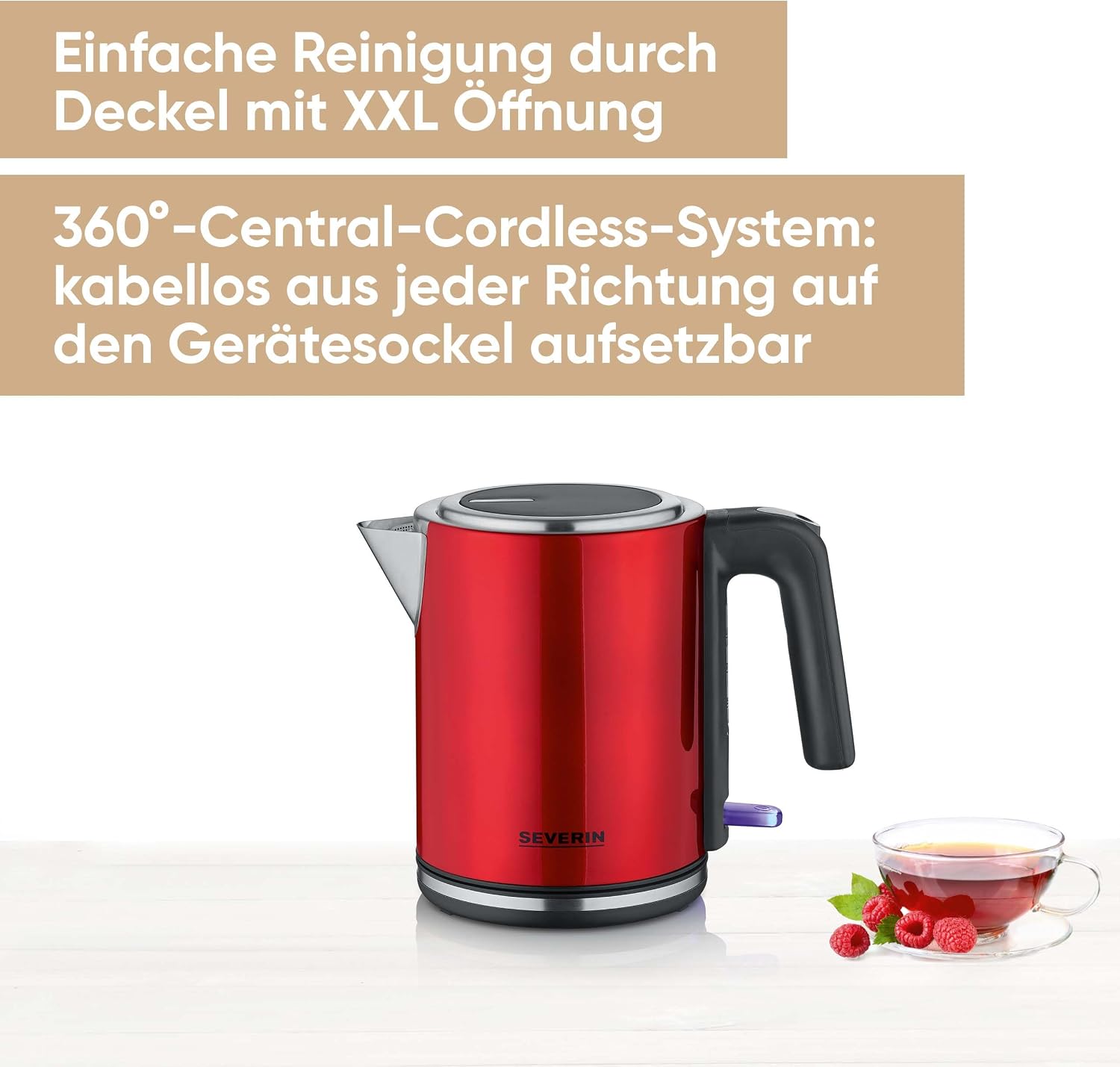Thumbnail 1 de Severin Elektrischer Wasserkocher 1L mit Kalkfilter, Edelstahl, 2400W – rotes Design, XXL-Öffnung