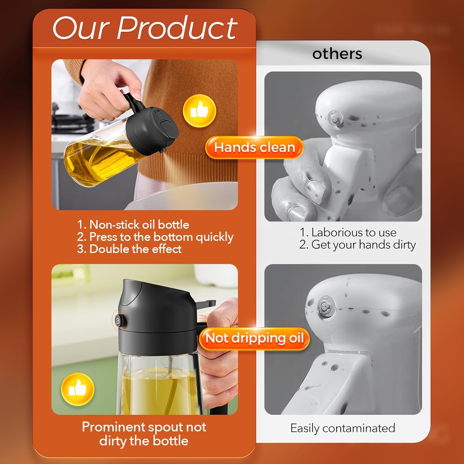 Detalle 2 de YARRAMATE 2-Pack 16oz (470ml) Olive Oil Dispenser & Glass Sprayer (Black) — 2-in-1 Pour or Spray