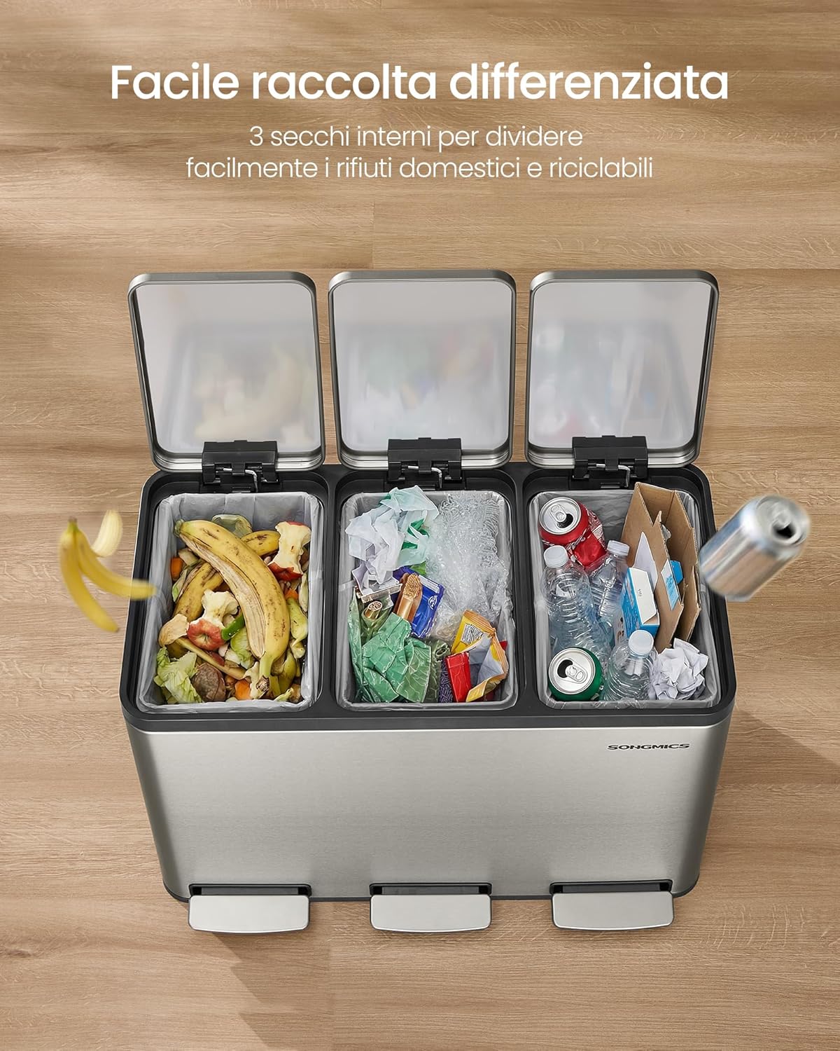 Thumbnail 5 de SONGMICS Pattumiera Cucina 3 x 15 L, Cestino 3 Scomparti in Acciaio Inox – LTB145EZ01