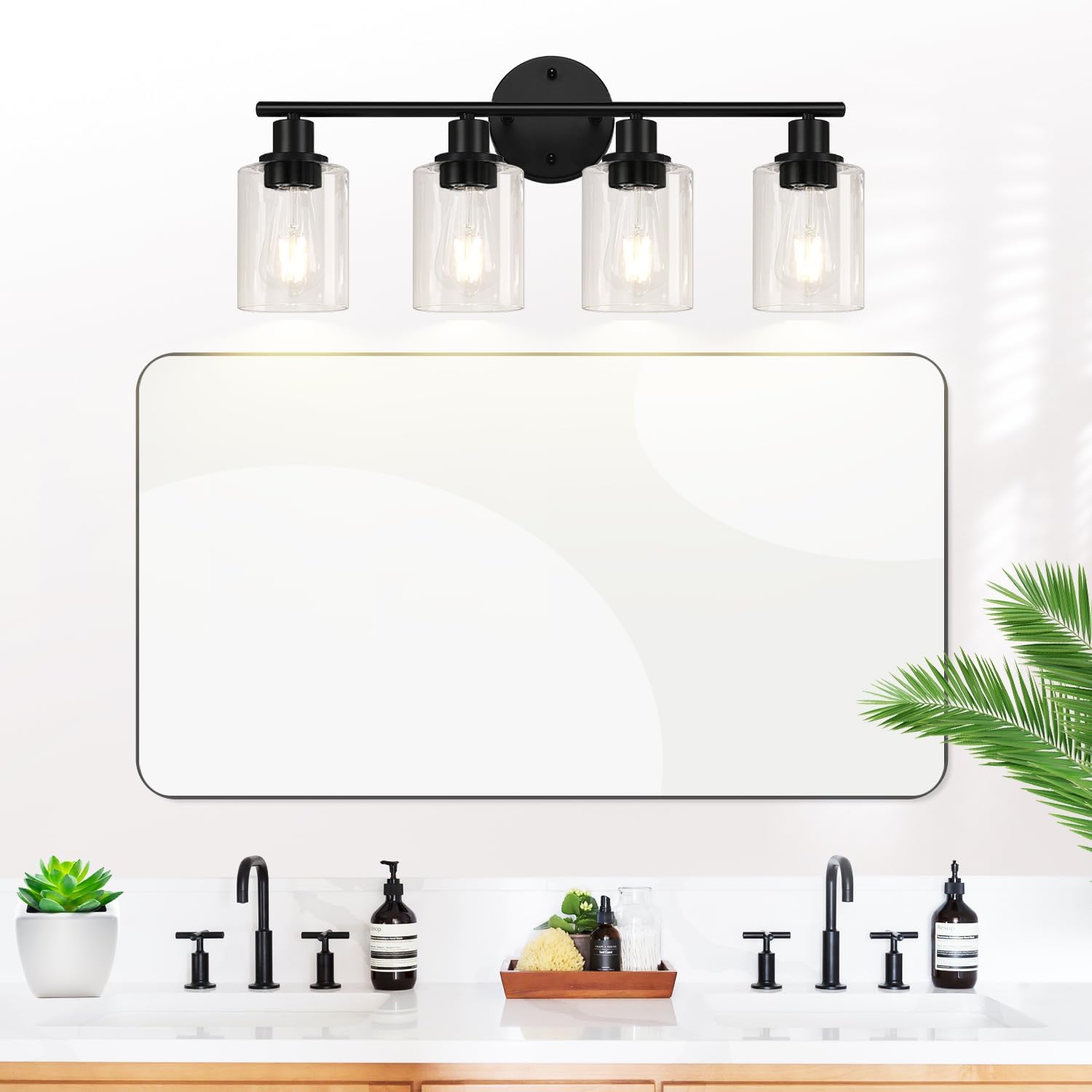 Detalle de Zarbitta Matte Black Vanity Light with Clear Glass Shades, Reversible Mounting