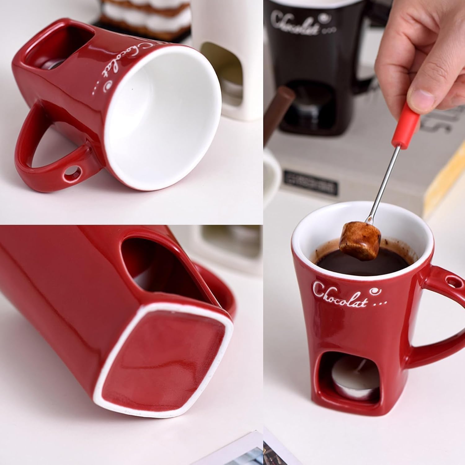 Detalle de Gienslru The Melt Mug Ceramic Tea Light Fondue Set, 130 ml