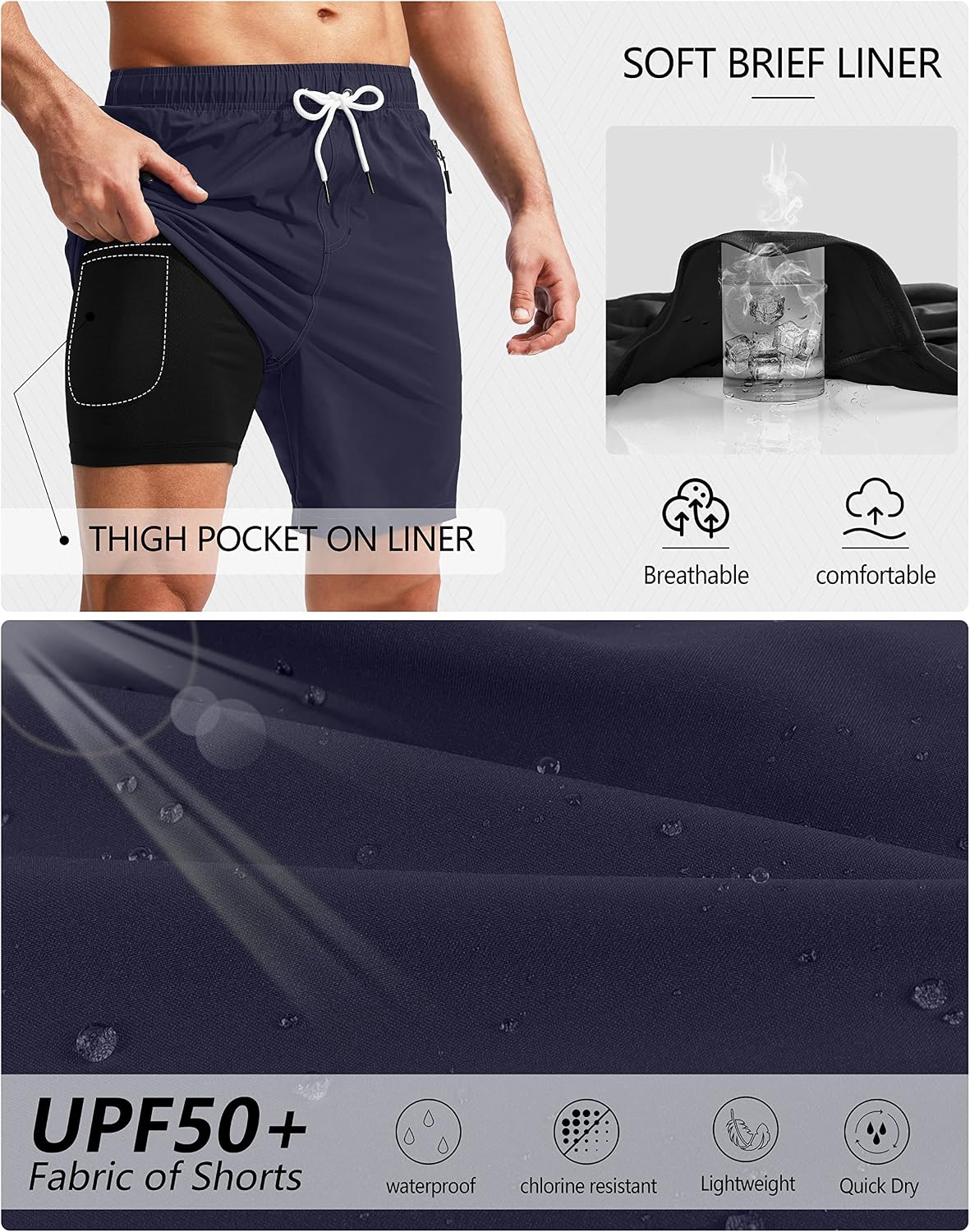 Detalle de Viodia Men's Swim Trunks with Compression Liner: Quick-Dry Board Shorts with Zipper Pockets