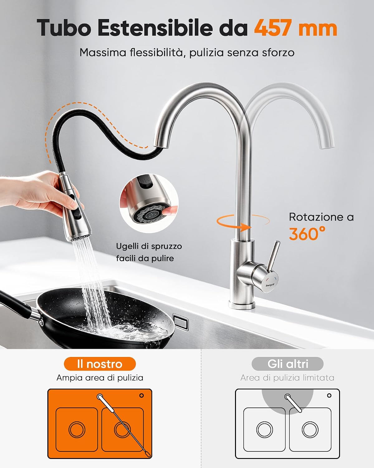 Detalle 2 de Ibergrif M22137 Rubinetto Lavello Cucina con Doccia Estraibile, acciaio inox spazzolato