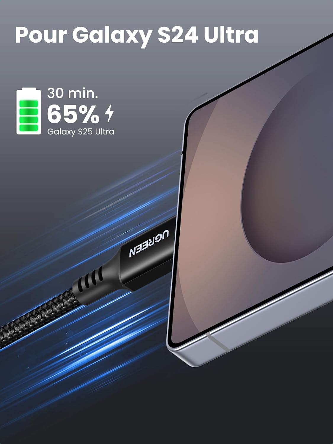 Detalle de UGREEN 100W USB-C-naar-USB-C-kabel van 2 m, 5A en gevlochten nylon