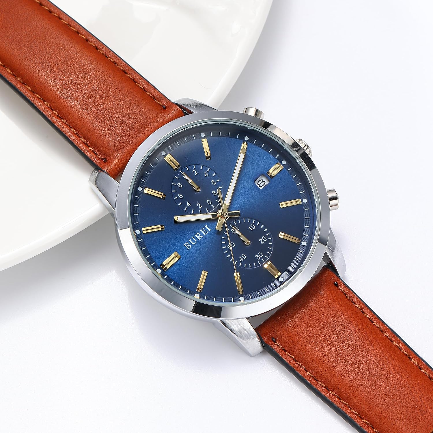 Detalle 2 de BUREI montre chronographe quartz japonaise étanche 3 ATM pour homme à bracelet cuir