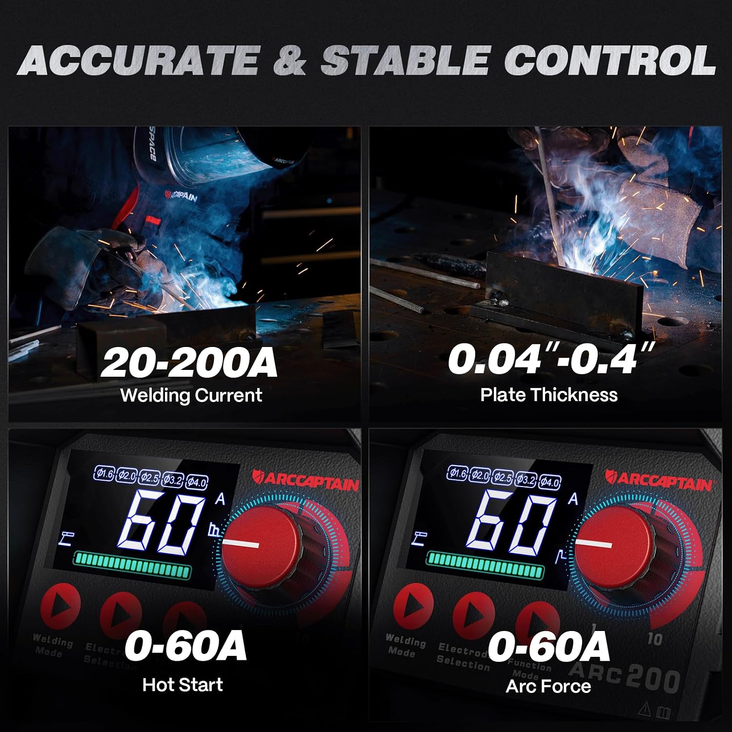 Detalle de ARCCAPTAIN ARC200 200A Stick Welder, 110V/220V, Lift TIG and Synergic Control