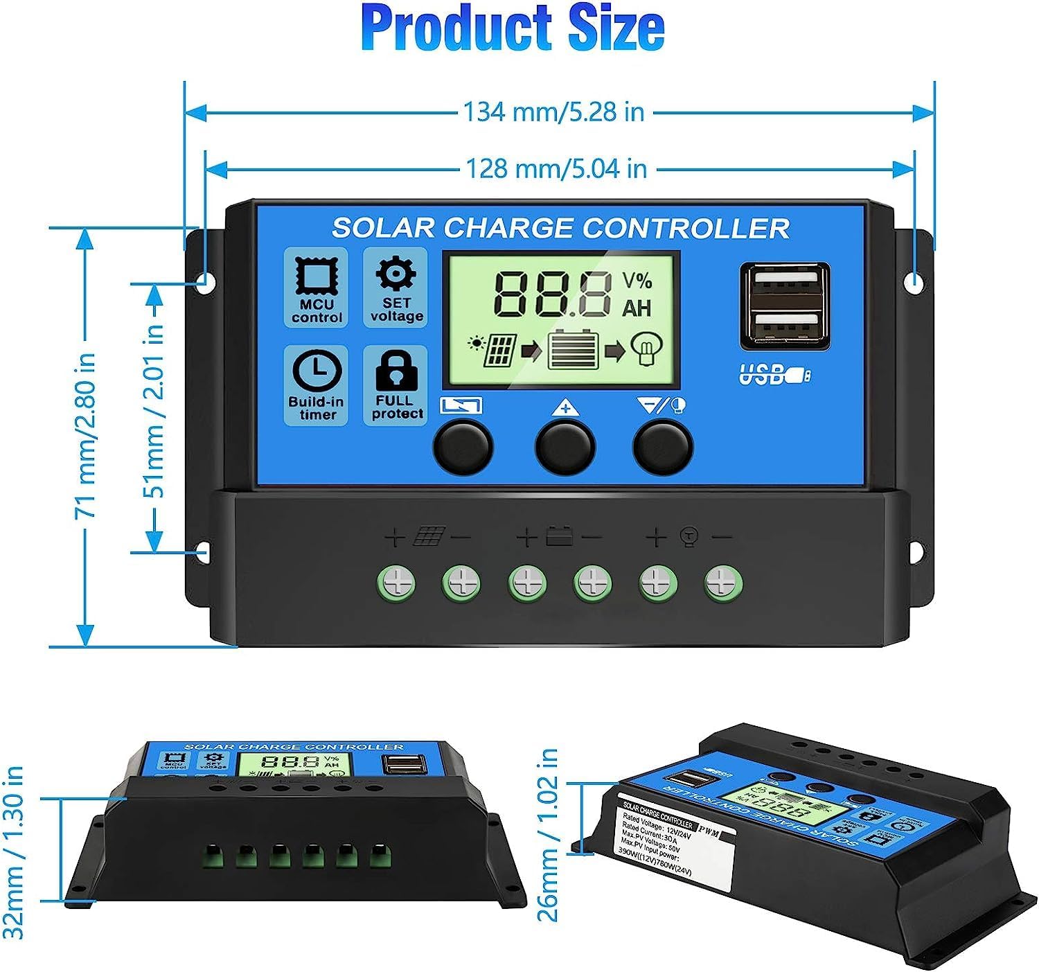 Thumbnail 4 de [Upgraded] 30A Solar Charge Controller for 12V/24V Systems with Adjustable LCD and Dual USB (PWM)