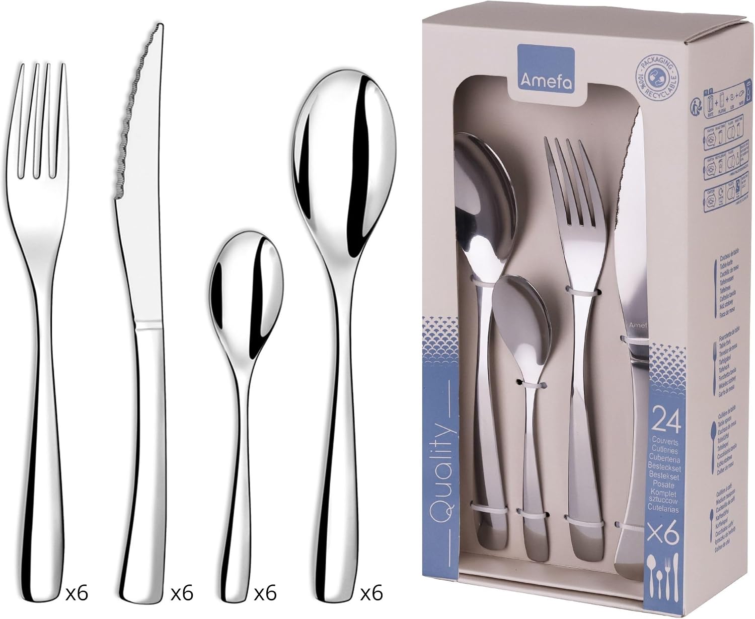 Detalle de Amefa Danube Ménagère 24 pièces pour 6 personnes – couverts de table en acier inox 18/0, finition brillante