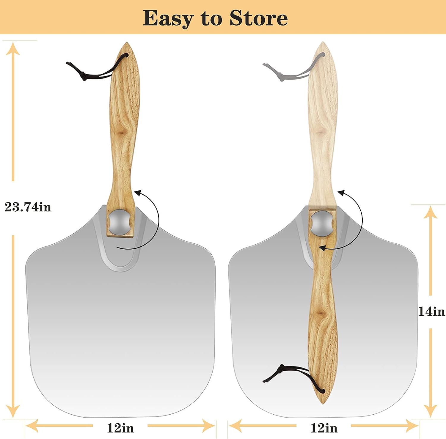 Detalle 2 de LKE Aluminum Pizza Peel with Foldable Wood Handle – 12x14 Inch Surface, 25 Inch Total Length