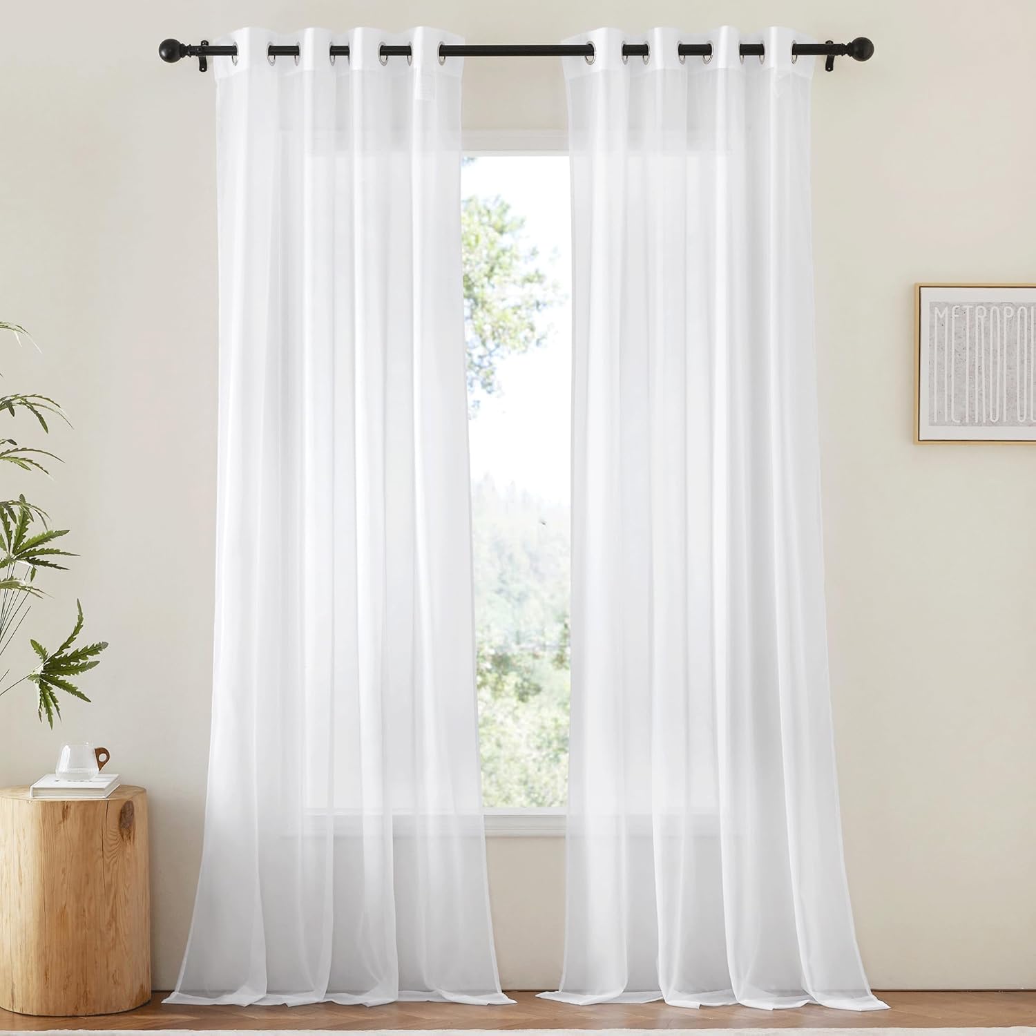 Detalle de NICETOWN White Sheer Curtains & Drapes, 54x96, Grommet Top (2 Panels) — Light Filtering Voile for Living Room or Bedroom