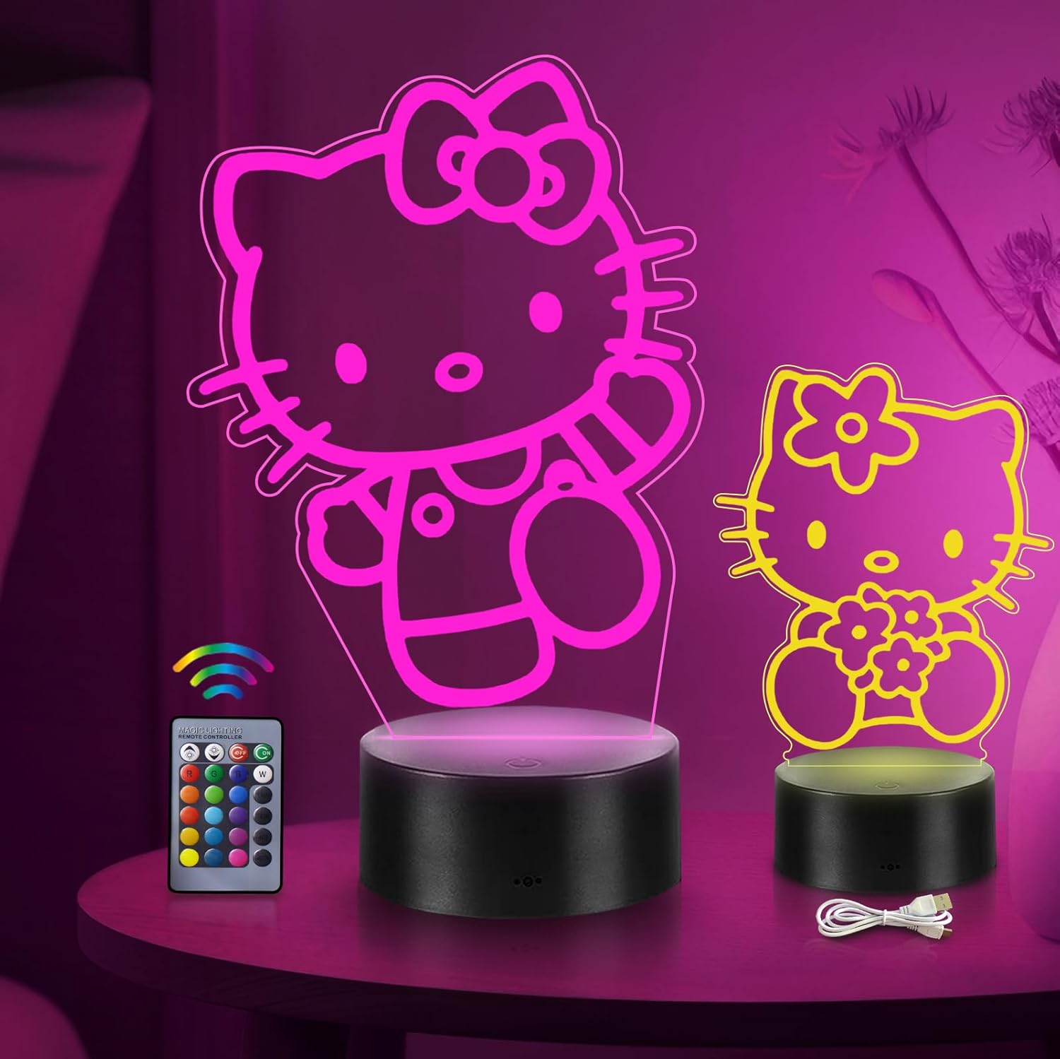 Detalle de Dagydali 2-en-1 Kitty Veilleuse 3D LED pour enfants — 16 couleurs et télécommande