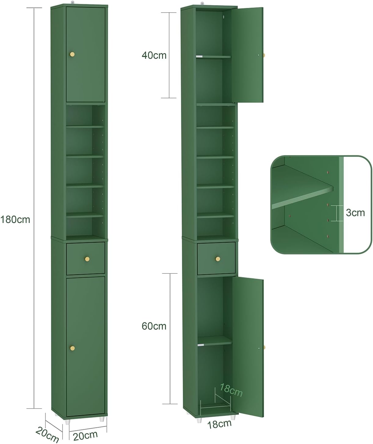 Detalle de SoBuy Colonne de Salle de Bain 180 cm – Armoire étroite 20x20 cm avec 6 étagères réglables et tiroir, Vert Olive BZR34-II-SY