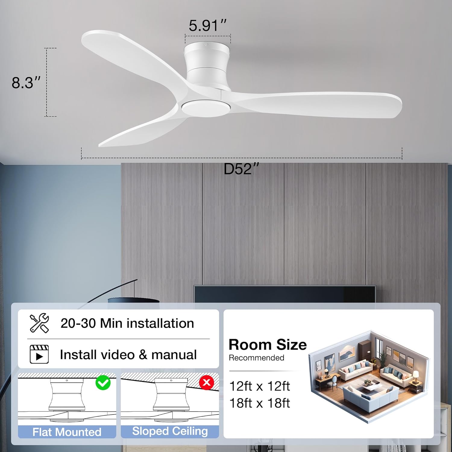 Thumbnail 6 de 52-Inch Wood Ceiling Fan with Lights Remote, Low Profile Flush Mount — Damp-Rated, 6-Speed Quiet DC with Dimmable LED
