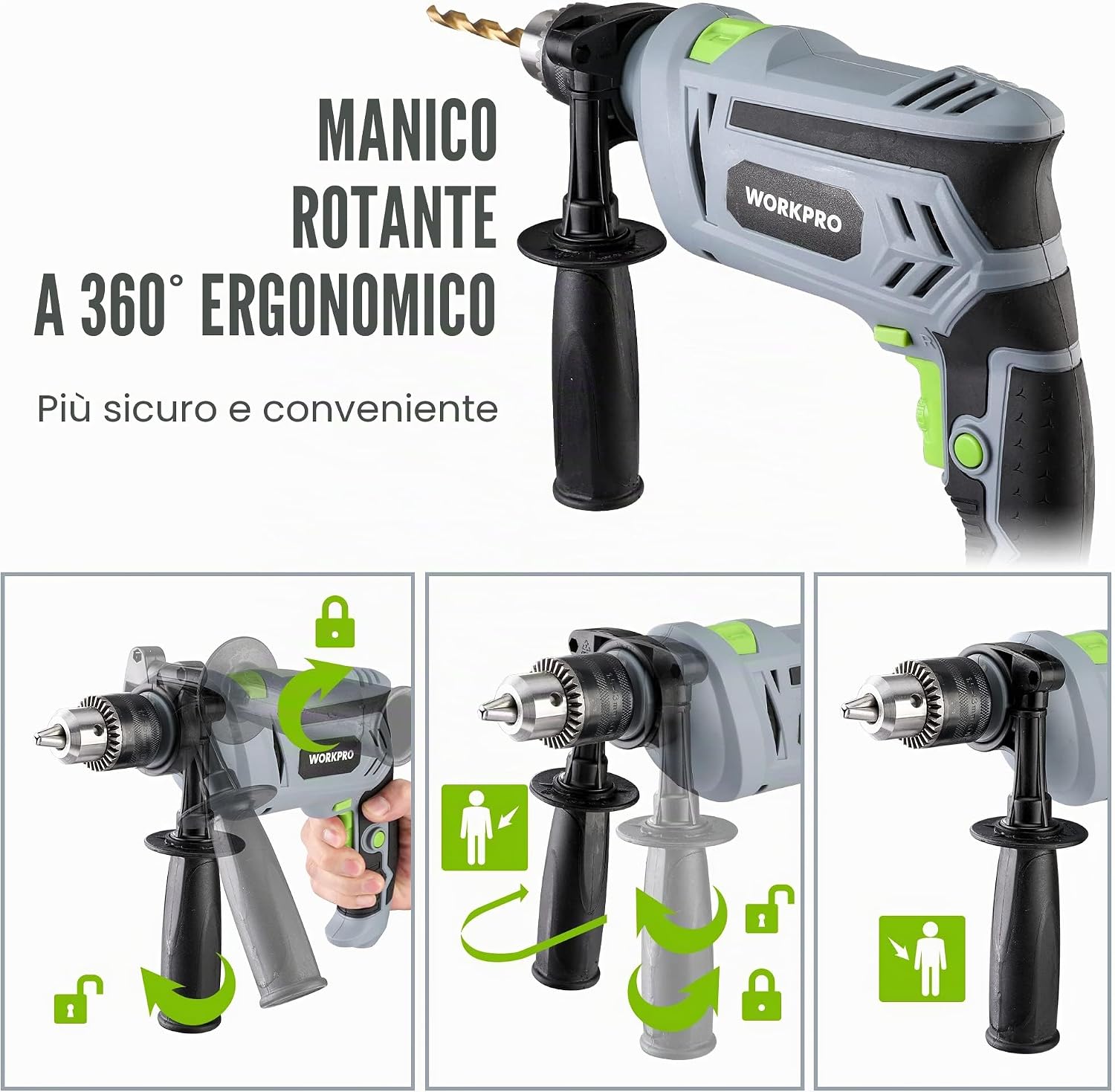 Thumbnail 4 de WORKPRO Trapano a Percussione 850 W con impugnatura girevole 360° (mandrino 2–13 mm)