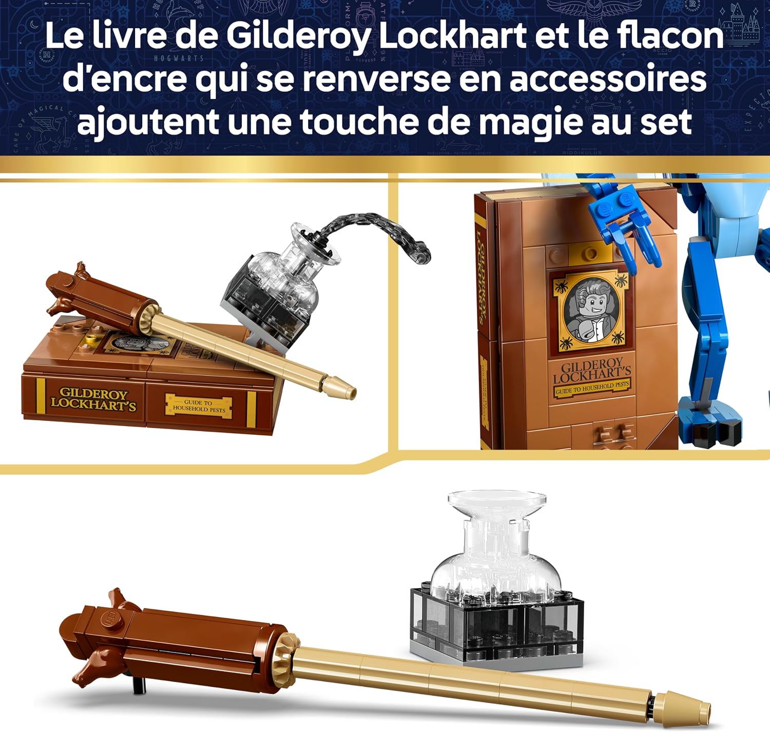 Detalle 2 de LEGO Harry Potter Le Lutin de Cornouailles – Figurine articulée et décor pour chambre, avec livre et flacon d'encre – 76461