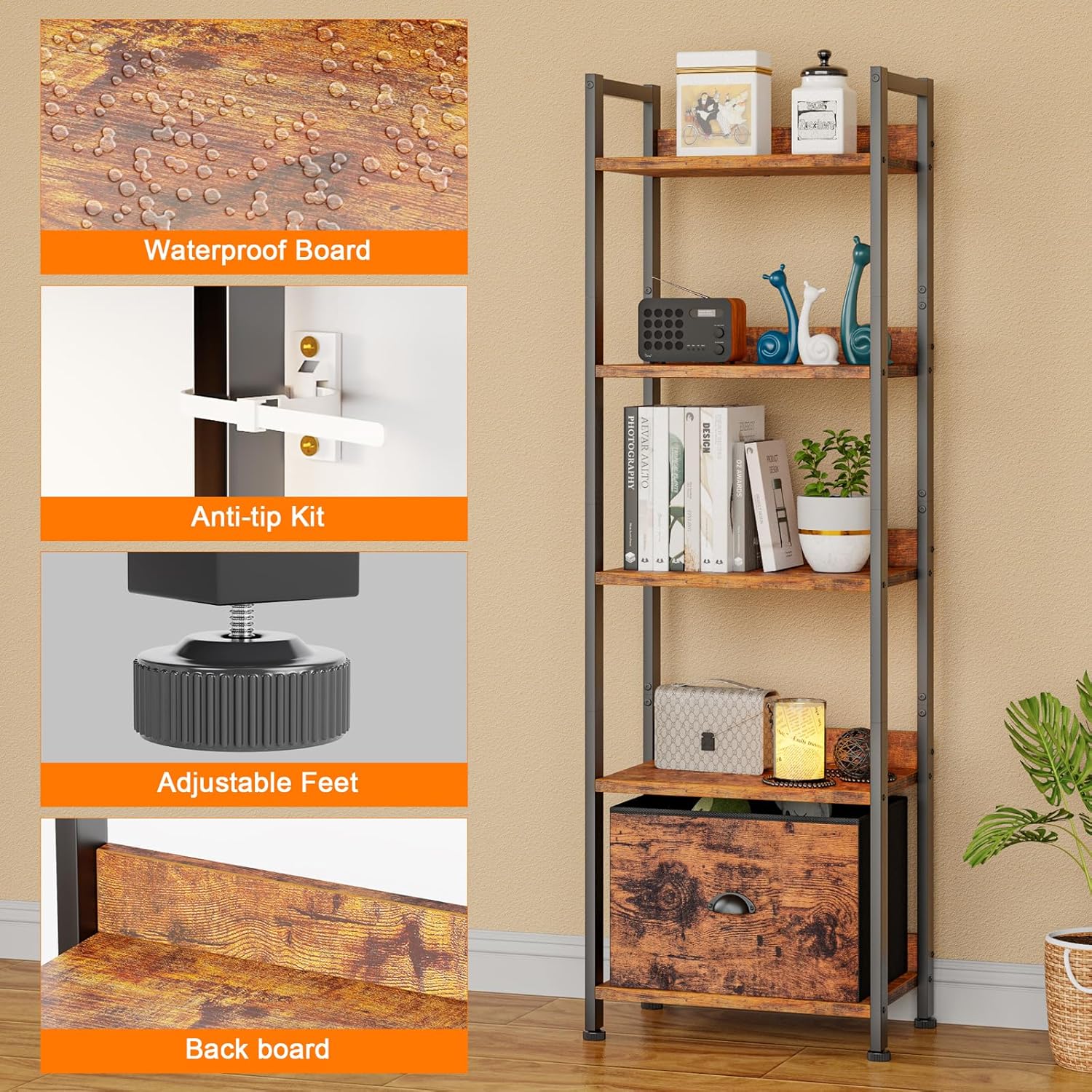 Detalle 2 de Furologee 5-Tier Bookshelf with Drawer