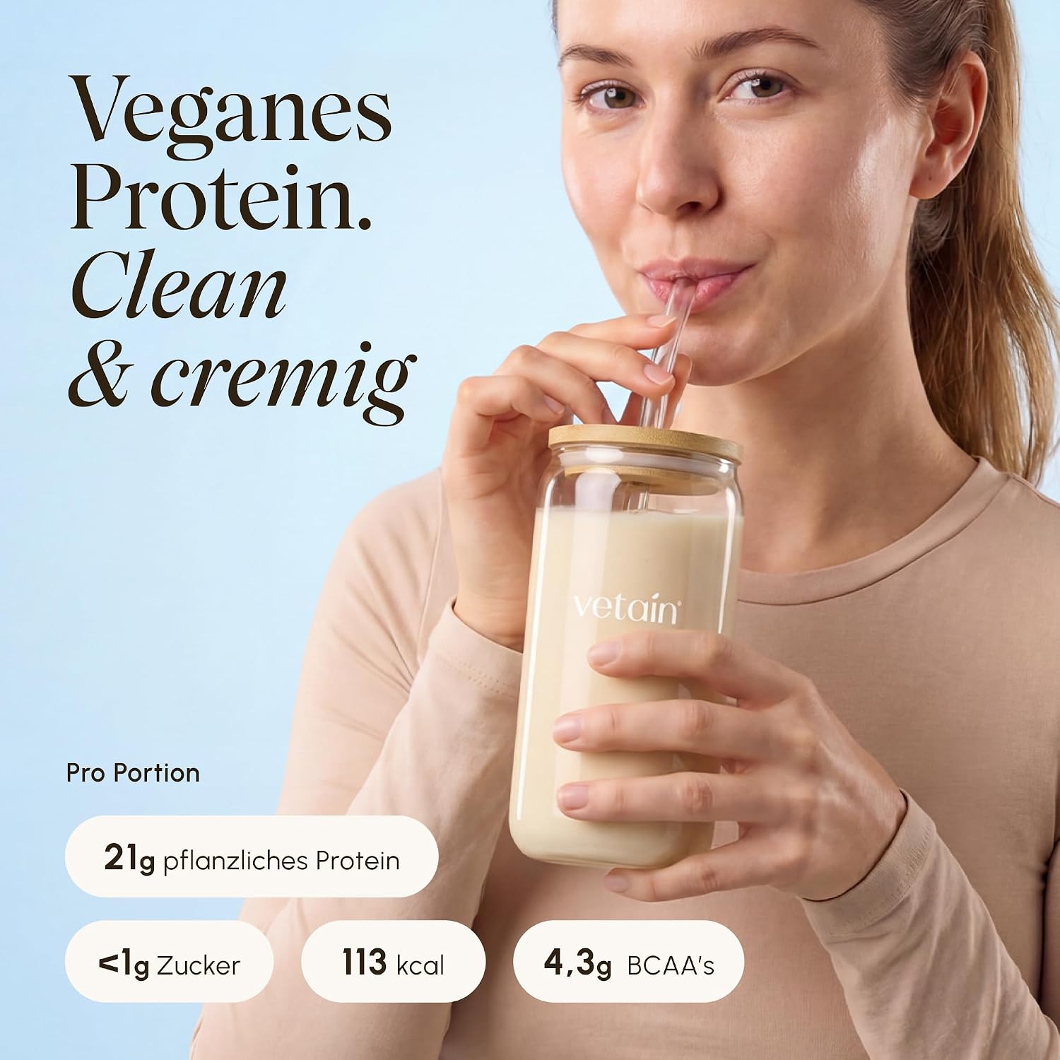 Detalle de VETAIN Veganes Proteinpulver Vanille – 21 g Eiweiß pro Portion, 100% Bio & fermentiert