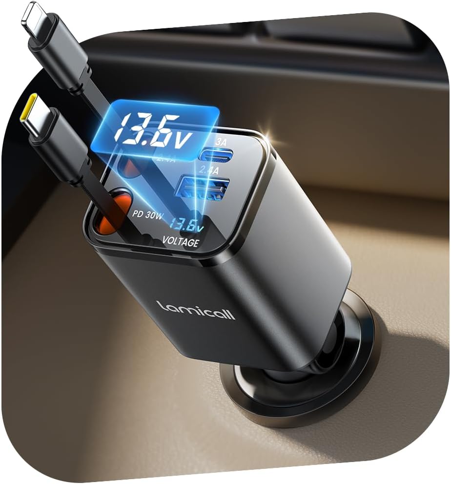 Detalle de Lamicall 4-in-1 Zigarettenanzünder USB-C Auto-Ladegerät (69W) mit einziehbarem Kabel und Spannungsanzeige
