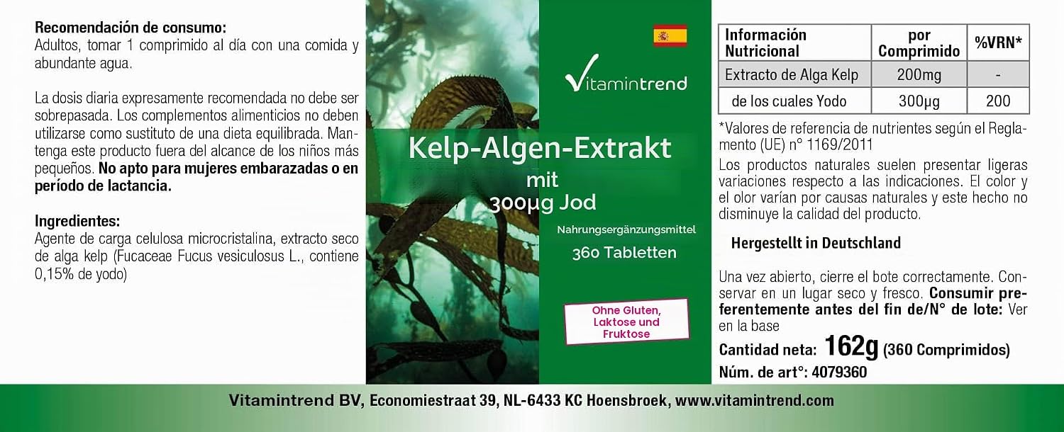 Detalle de Vitamintrend Kelp Extrakt mit 300 µg Jod – vegan, 360 Tabletten, hergestellt in Deutschland